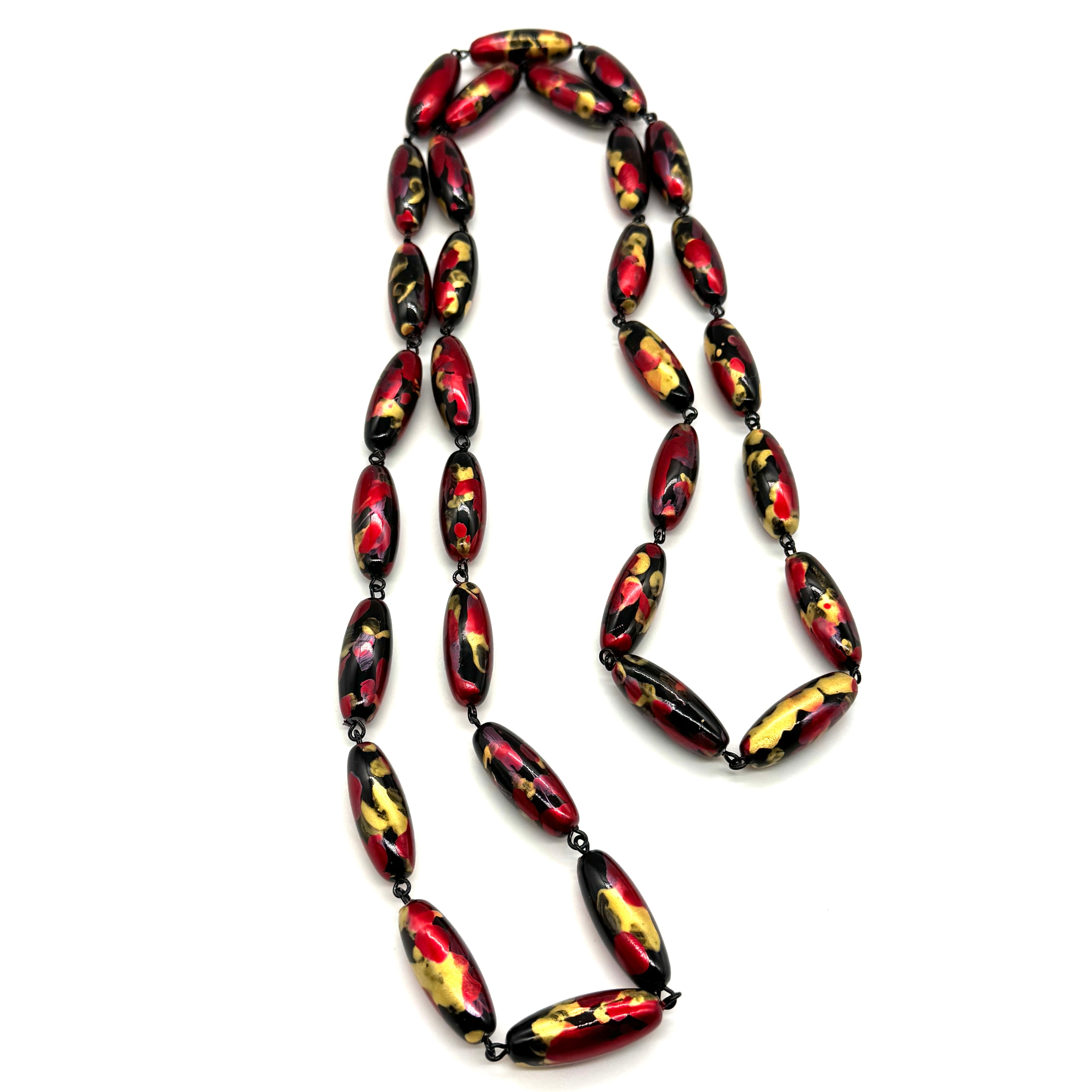 Cherry Red & Gold Oval Painter Opera Necklace