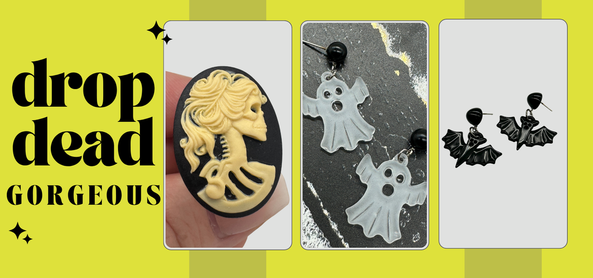 promotional image text "drop dead gorgeous" with halloween jewelry