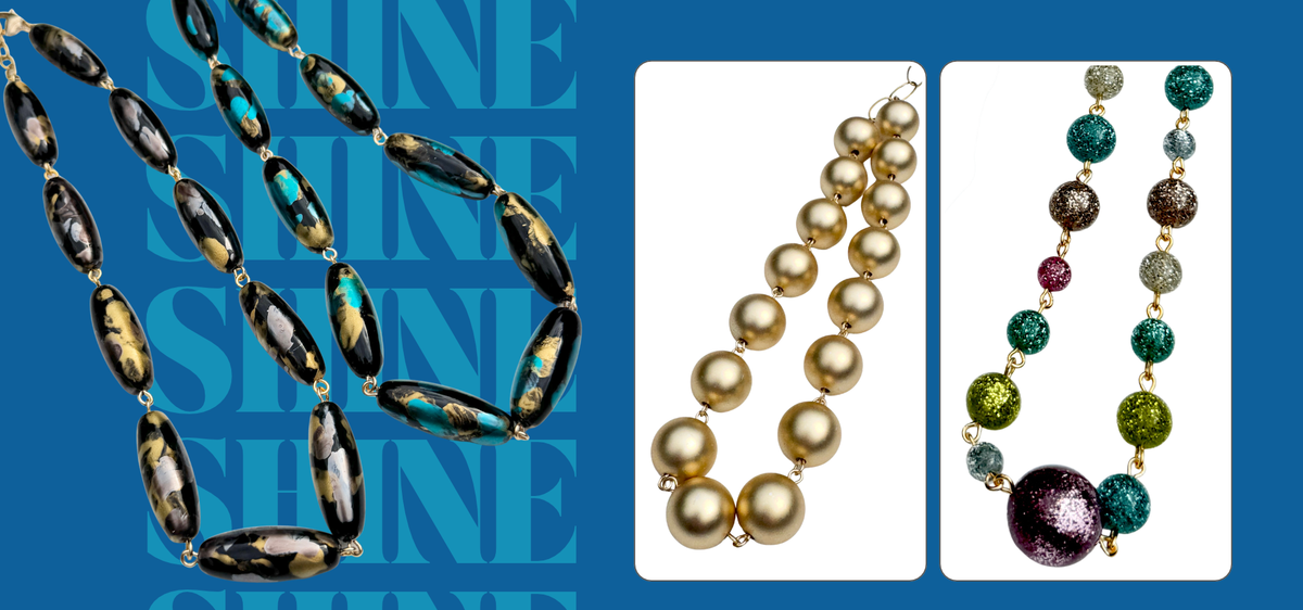 promotional image for jewelry. text says "shine" in repeat. 3 necklaces with lots of sparkle