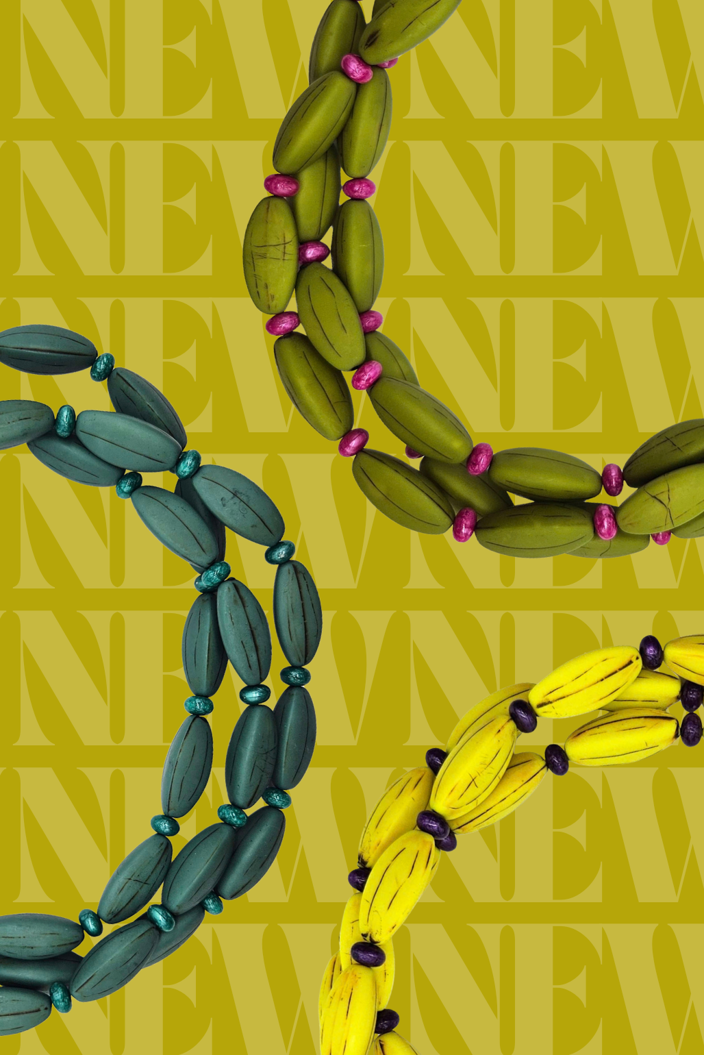 promotional image with three necklaces in the foreground, 1 teal, 1 olive, 1 yellow. Background says "new" in repeat