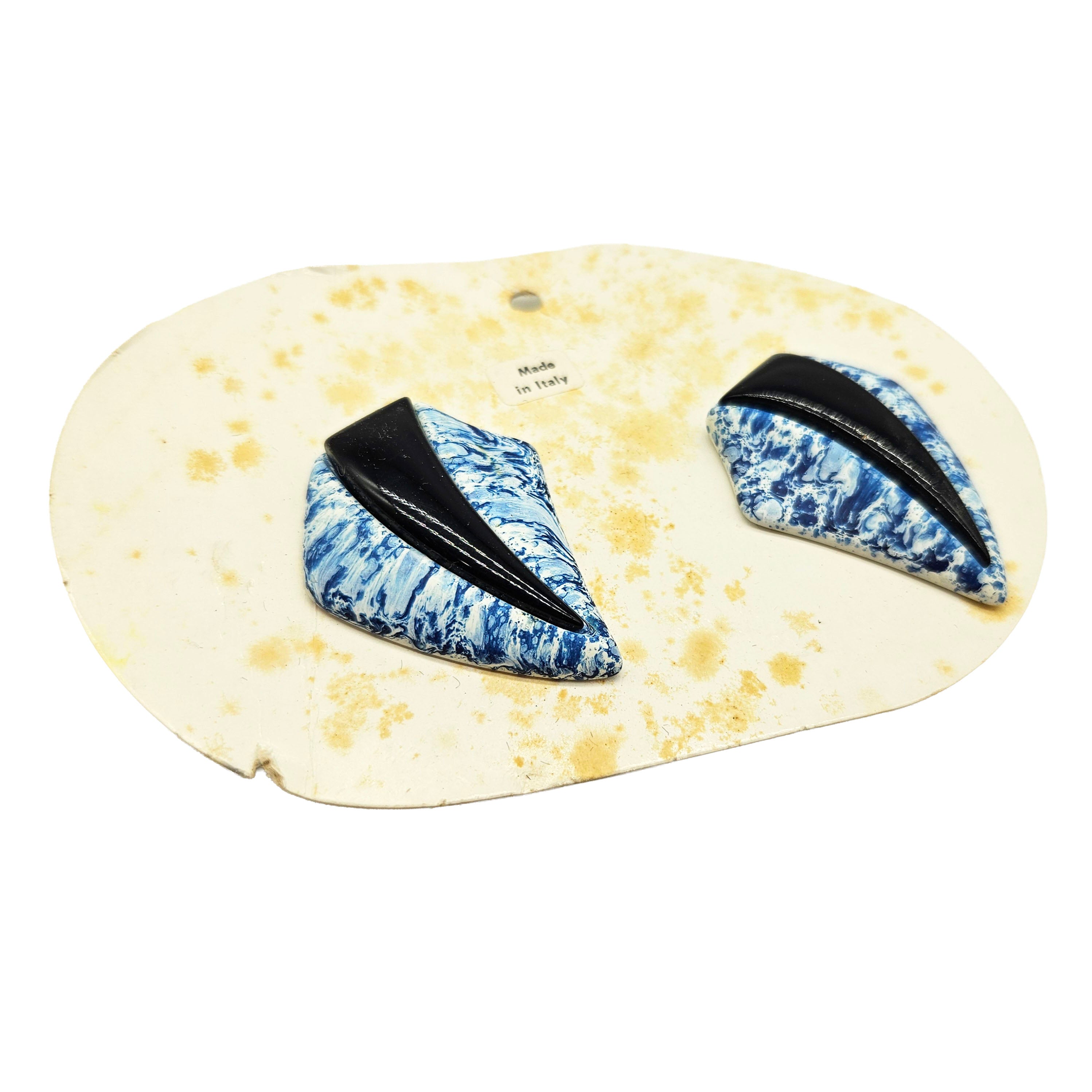 Black: Vintage Archives: Cobalt, Black, & White Speckled Swoop Clip On Earrings
