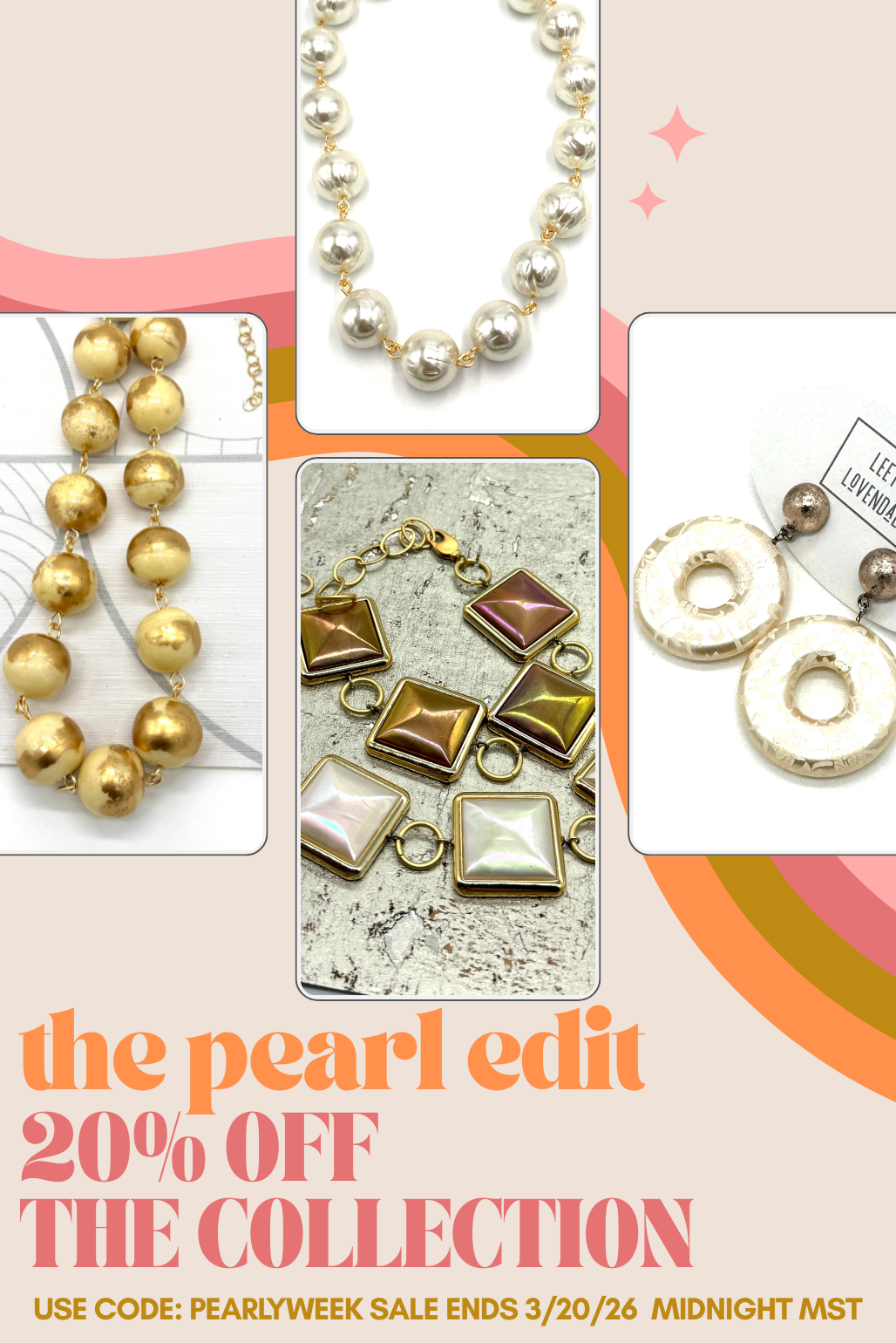 Collage of pearl jewelry with promotional text overlay on a colorful background