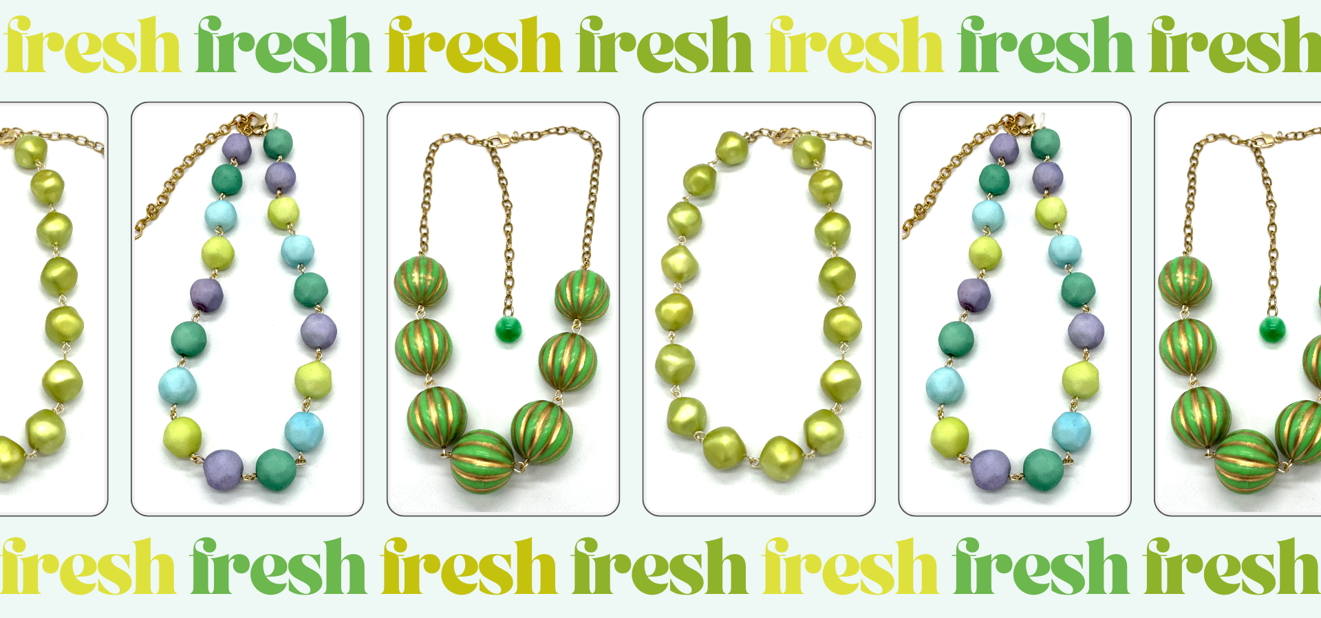 Necklaces with colorful beads on a white background with 'fresh' text.