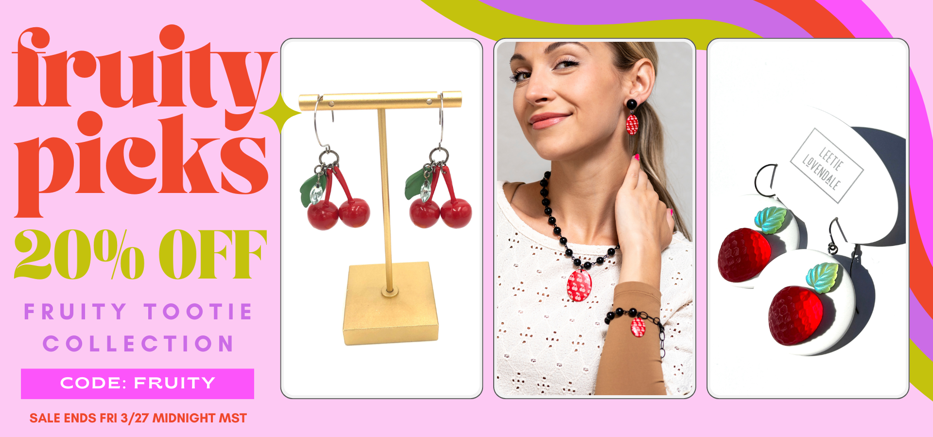 Promotional banner for 'Fruity Picks' jewelry collection with earrings and necklace on a pink background.