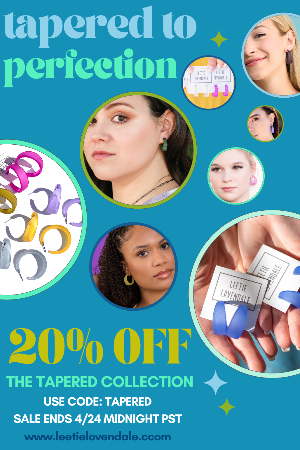 Promotional flyer for Loetie L. Lovendale tapered collection with discount offer on a blue background.