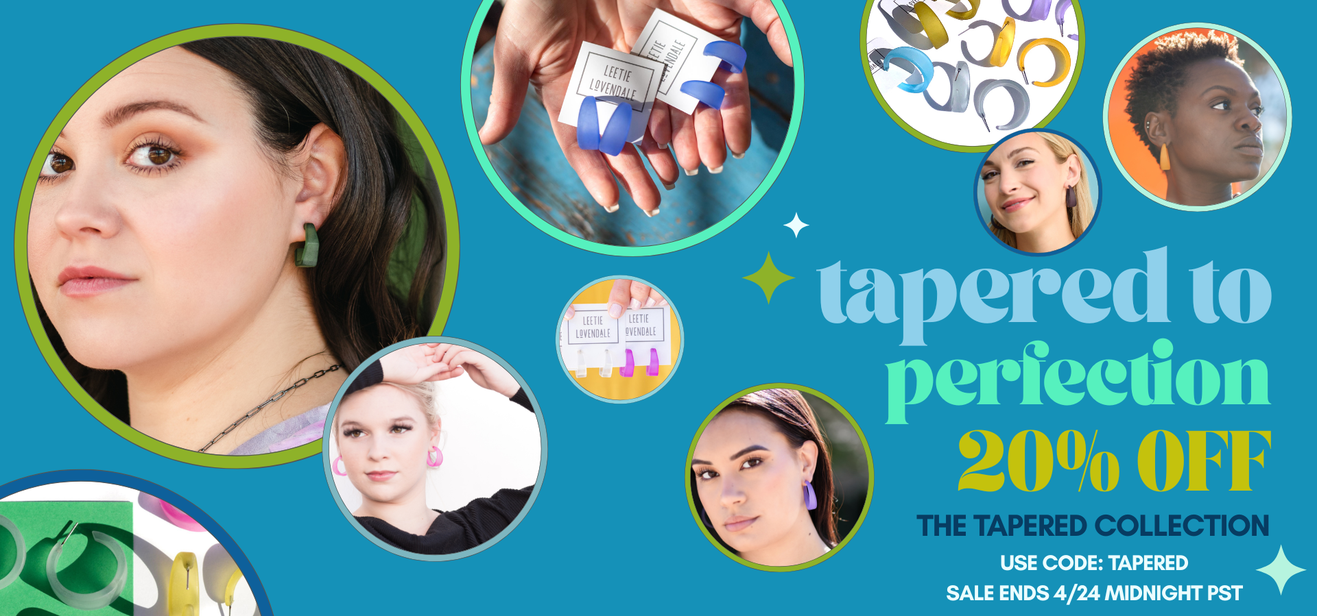 Promotional banner for 'tapered to perfection' collection with product images and discount offer on a blue background.