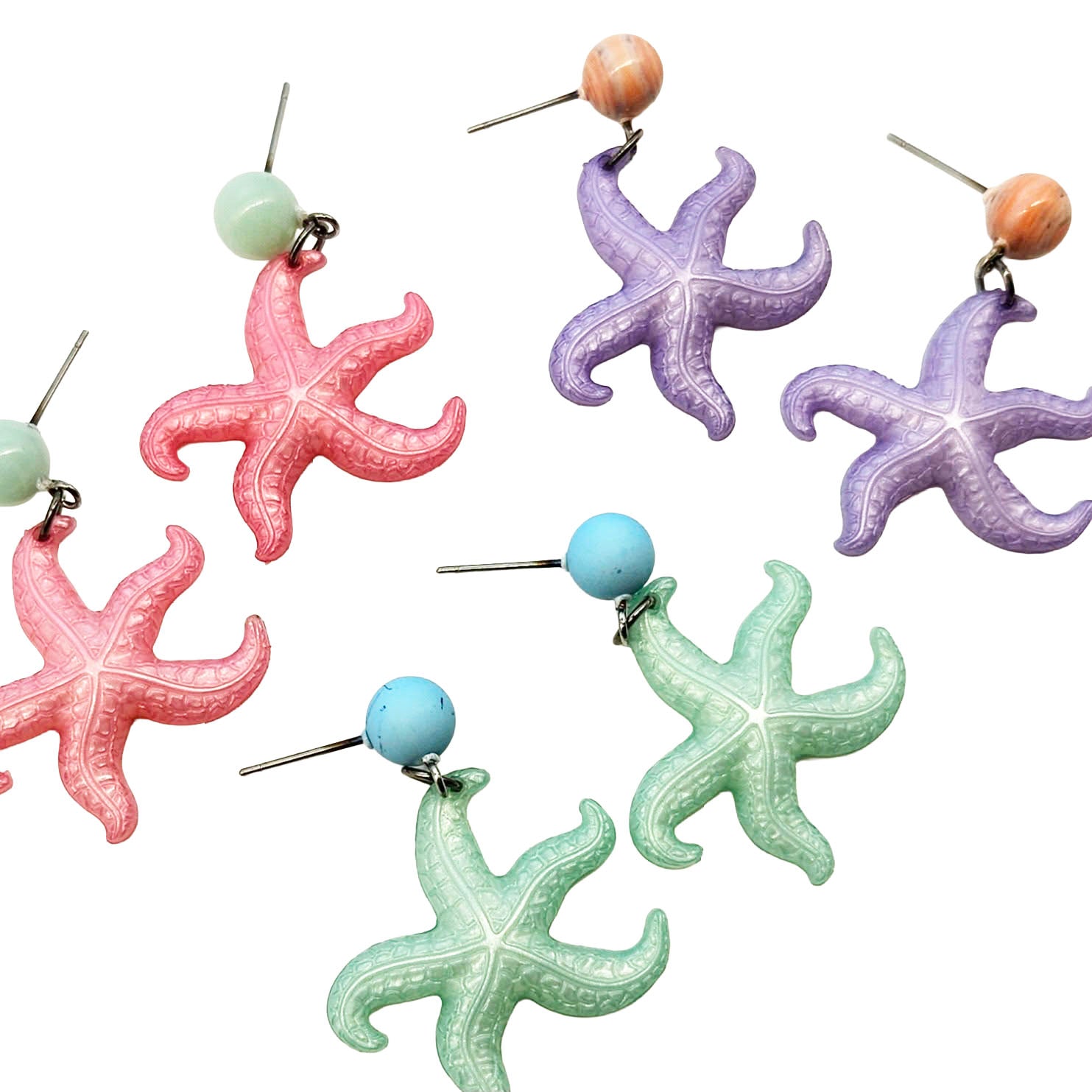 Colorful starfish-shaped earrings on a white background