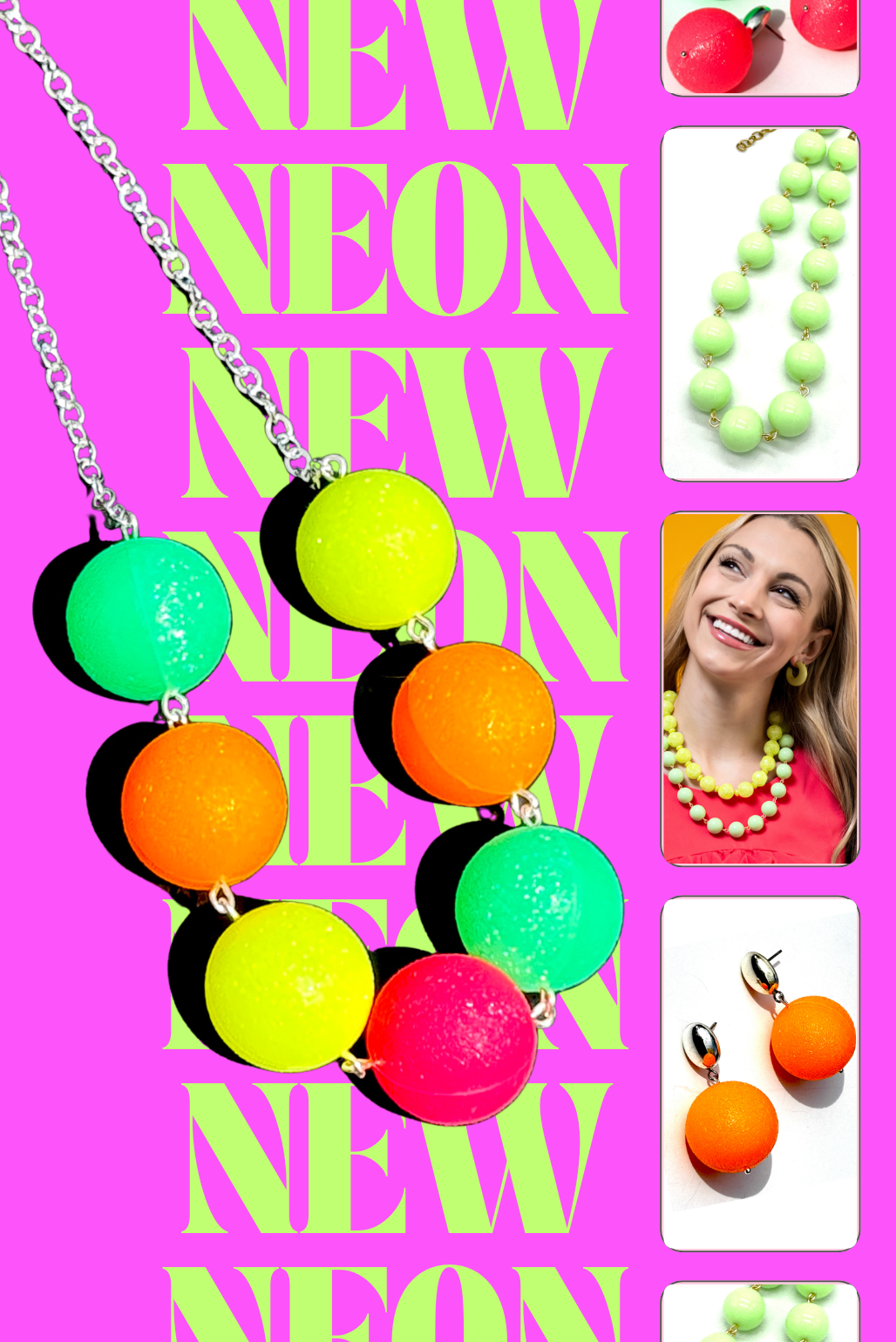 Neon jewelry set with necklace and earrings on a pink background with 'NEW NEON' text.