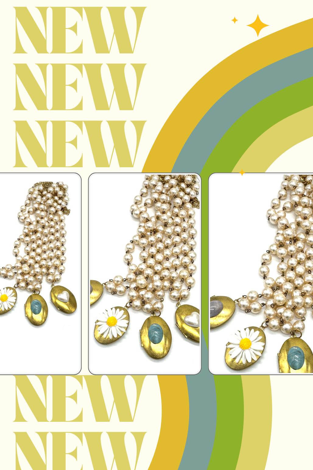 Pearl necklace with floral pendants on a colorful background with 'NEW' text.