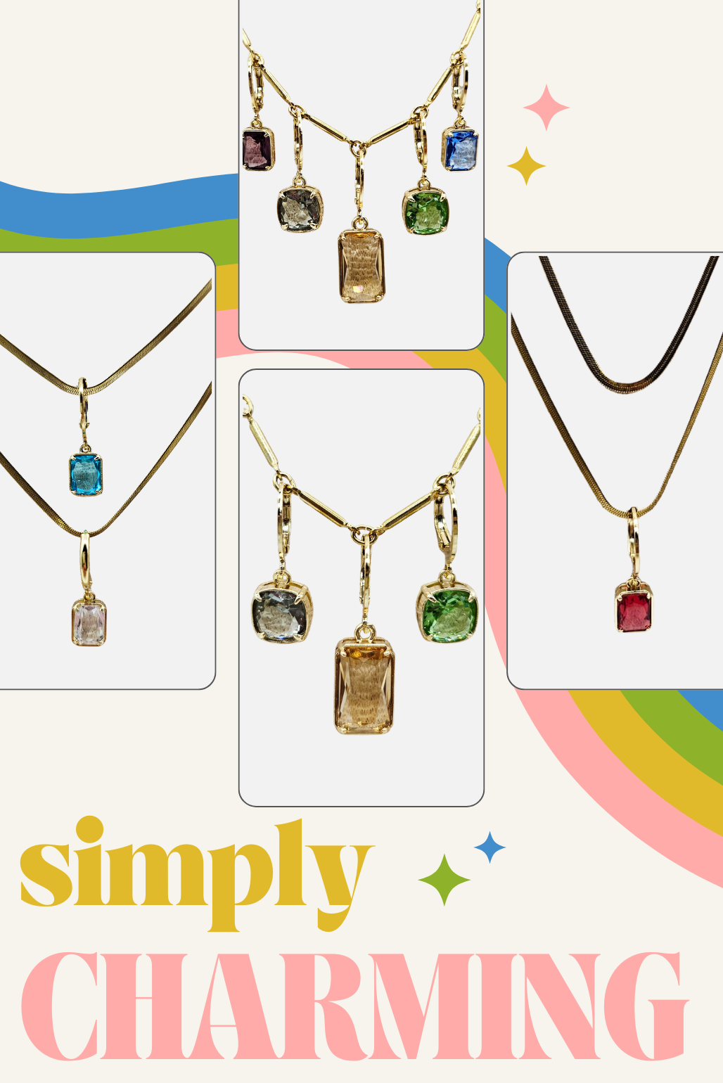Jewelry set with gemstone pendants on a colorful background with 'simply charming' text.