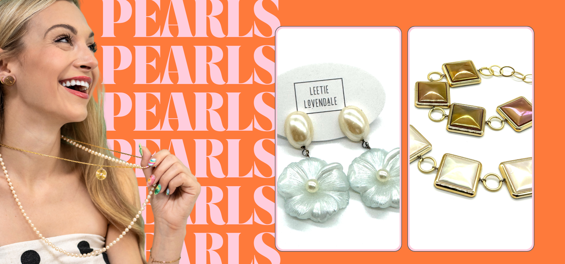 Graphic with pearl jewelry and text PEARLS