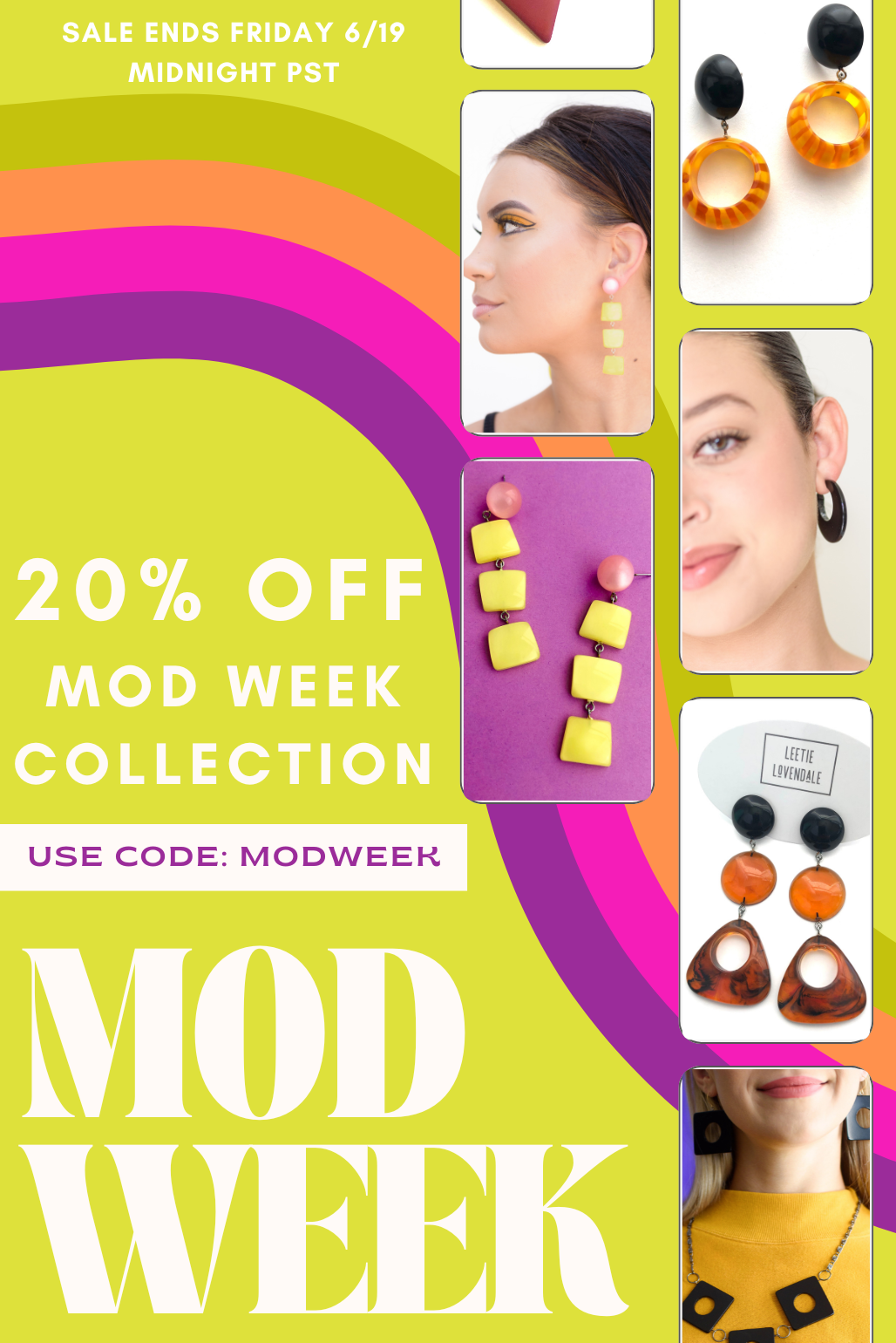 Promotional poster for 'Mod Week' jewelry collection with colorful text and images of earrings.