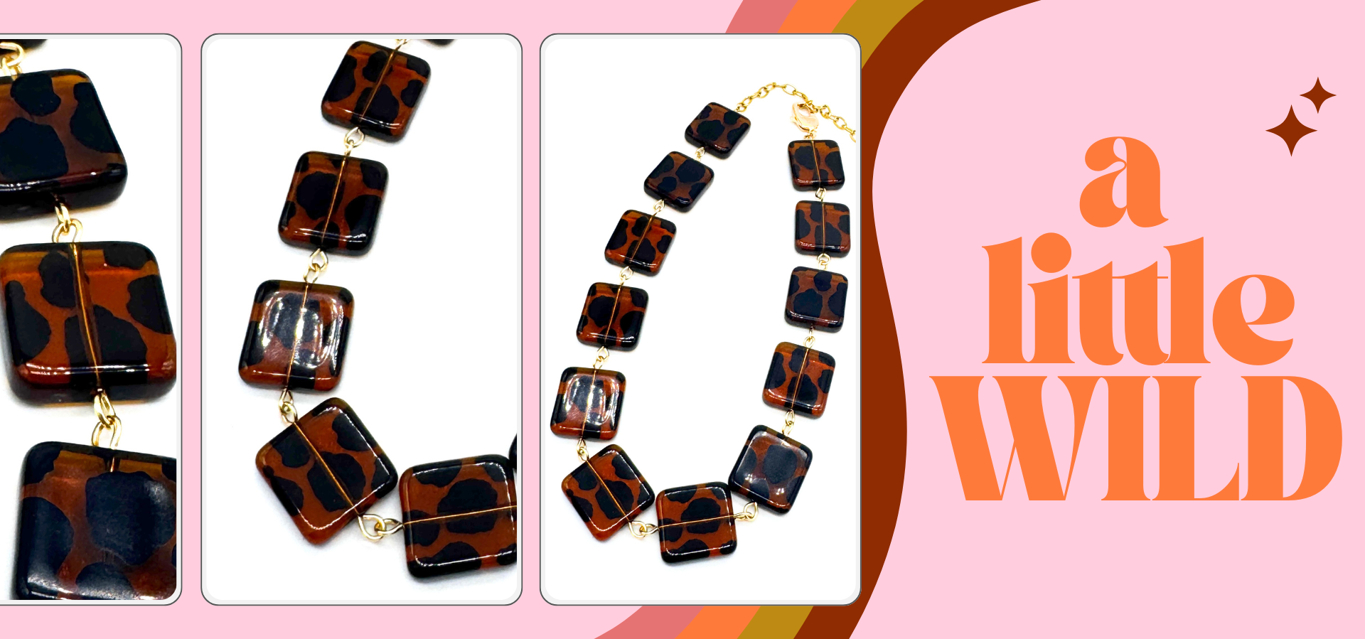 Necklace with square-shaped beads on a pink background with 'a little wild' text.