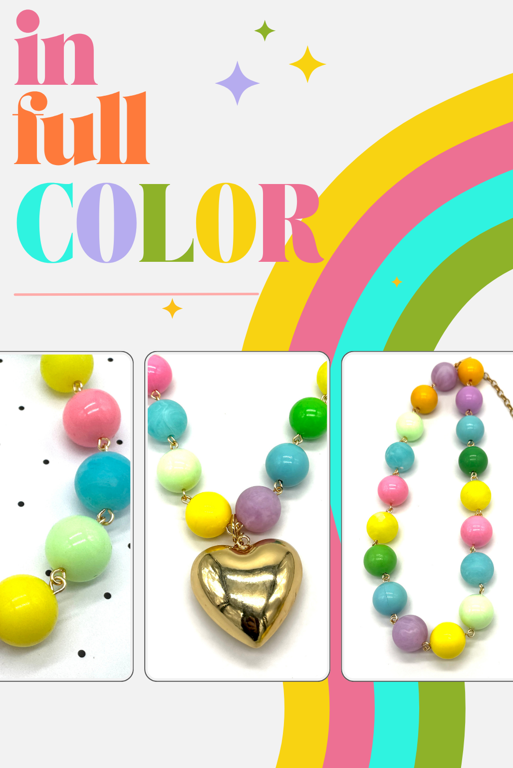 image of rainbow colored necklace with text in full color
