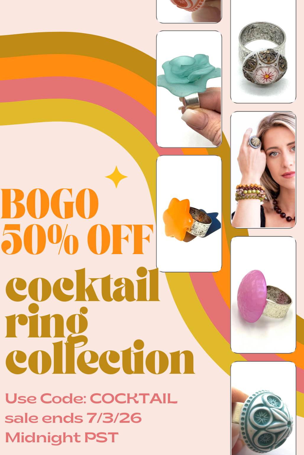 Promotional flyer for cocktail ring collection with sale details and product images.