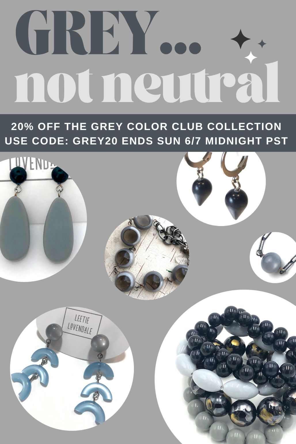 Promotional flyer for a grey color club collection with jewelry on a gray background.