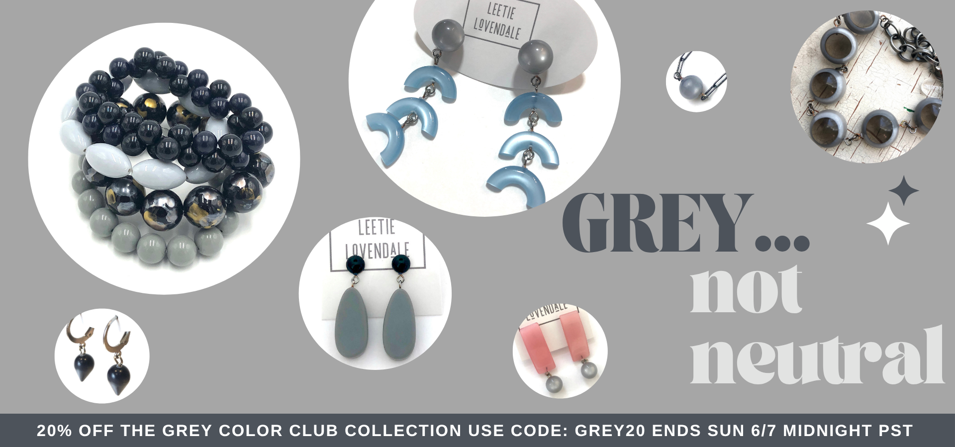 Collage of grey jewelry with promotional text on a gray background