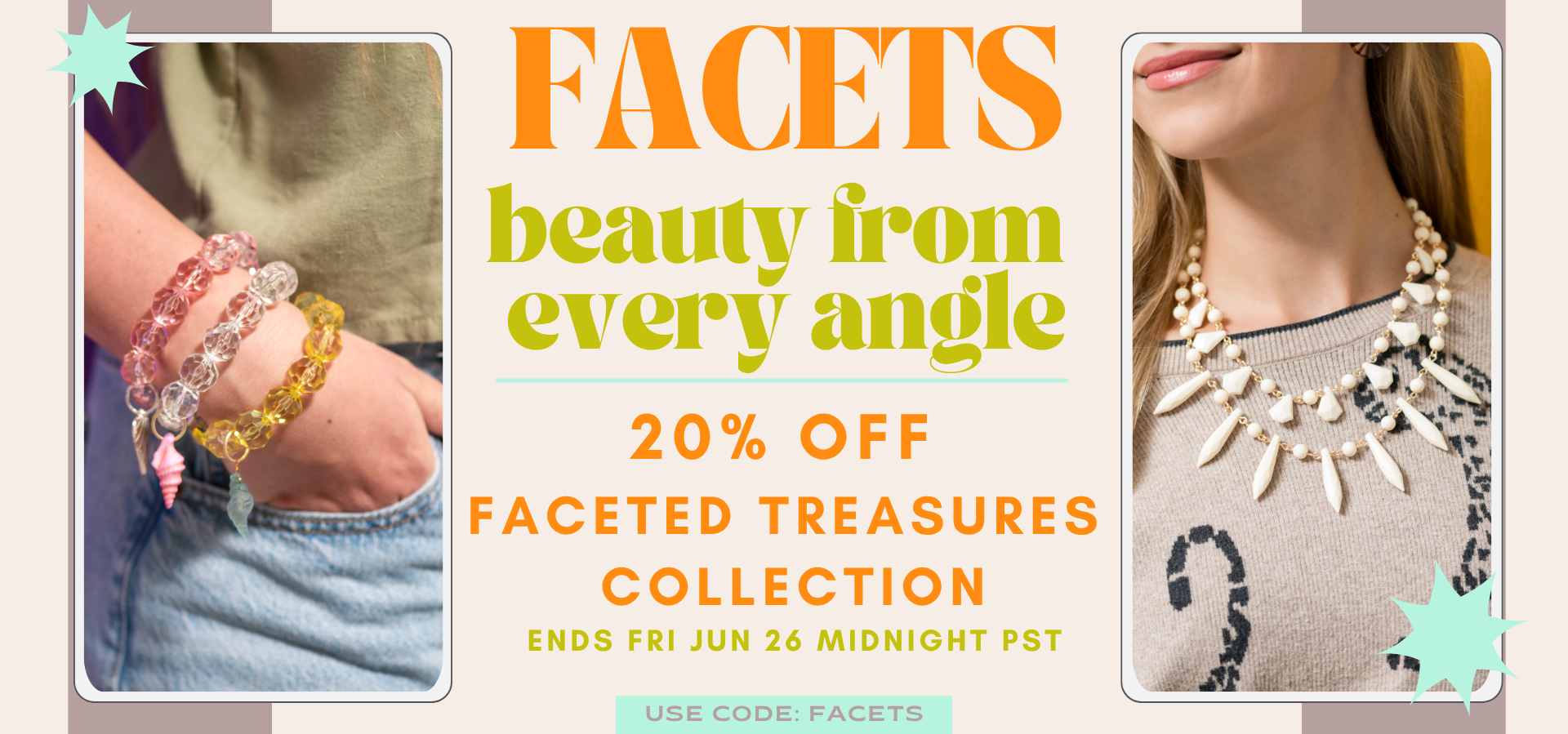 Advertisement for Facets jewelry with images of jewelry and promotional text.