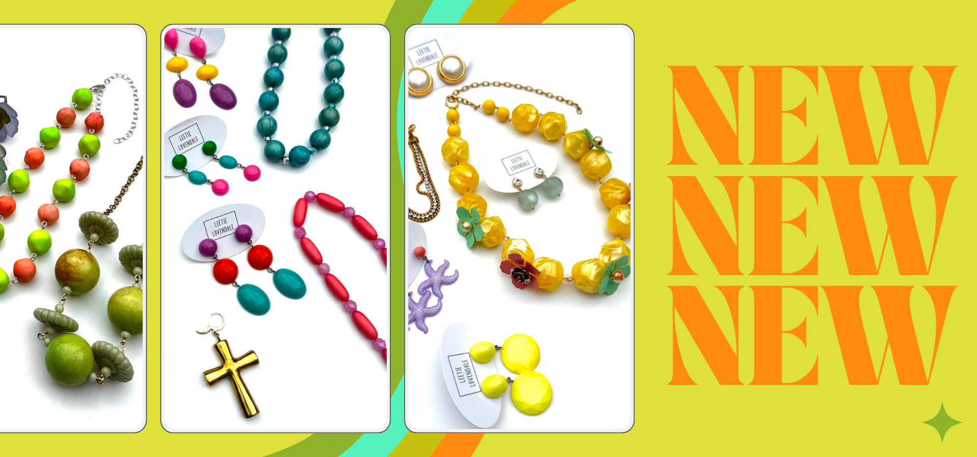 A promotional collage showing multiple colorful beaded jewelry pieces, including necklaces and earrings, arranged on white panels with repeated 'NEW' text on a bright yellow-green background.