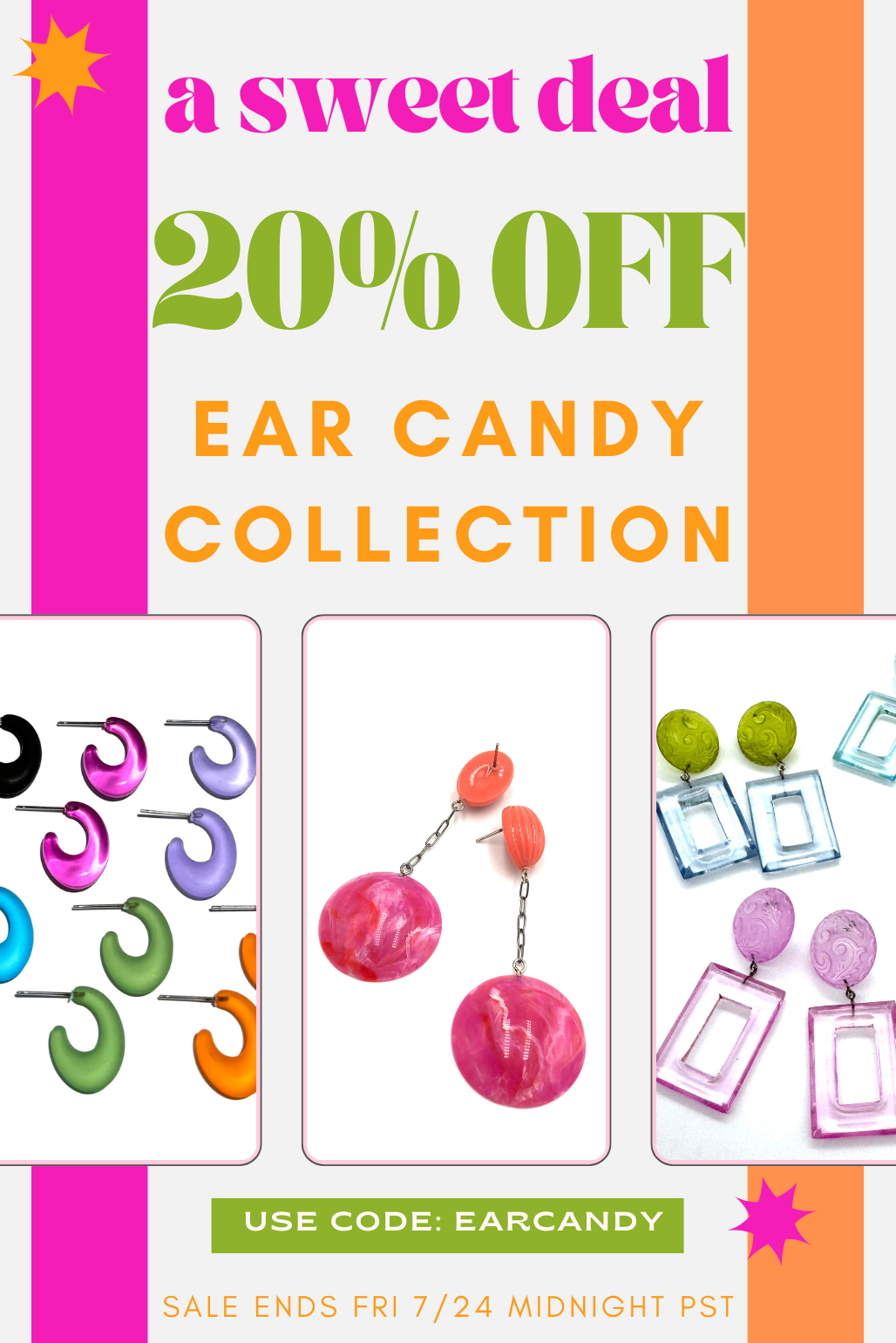 Promotional sale graphic for the 'ear candy collection' showing a 20% off discount. The design features a white background with pink, orange, and green vertical stripes, a starburst in the top left, and a green banner reading 'USE CODE: EARCANDY'.
