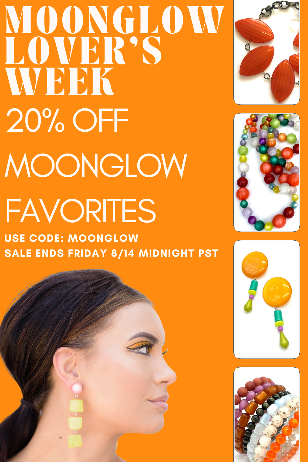 Promotional graphic for Moonglow jewelry featuring a woman's profile wearing pink and yellow earrings, alongside four inset product photos of colorful beaded necklaces, earrings, and bracelets on an orange background with sale text.