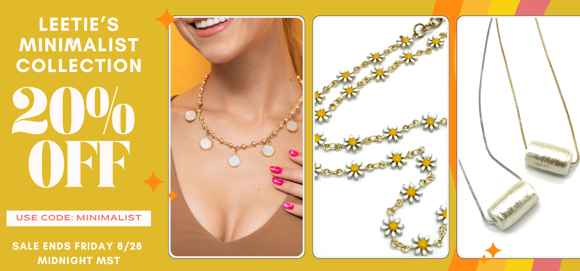Promotional Graphic for Minimalist Week 20% off sale. Images of woman in jewelry and necklaces