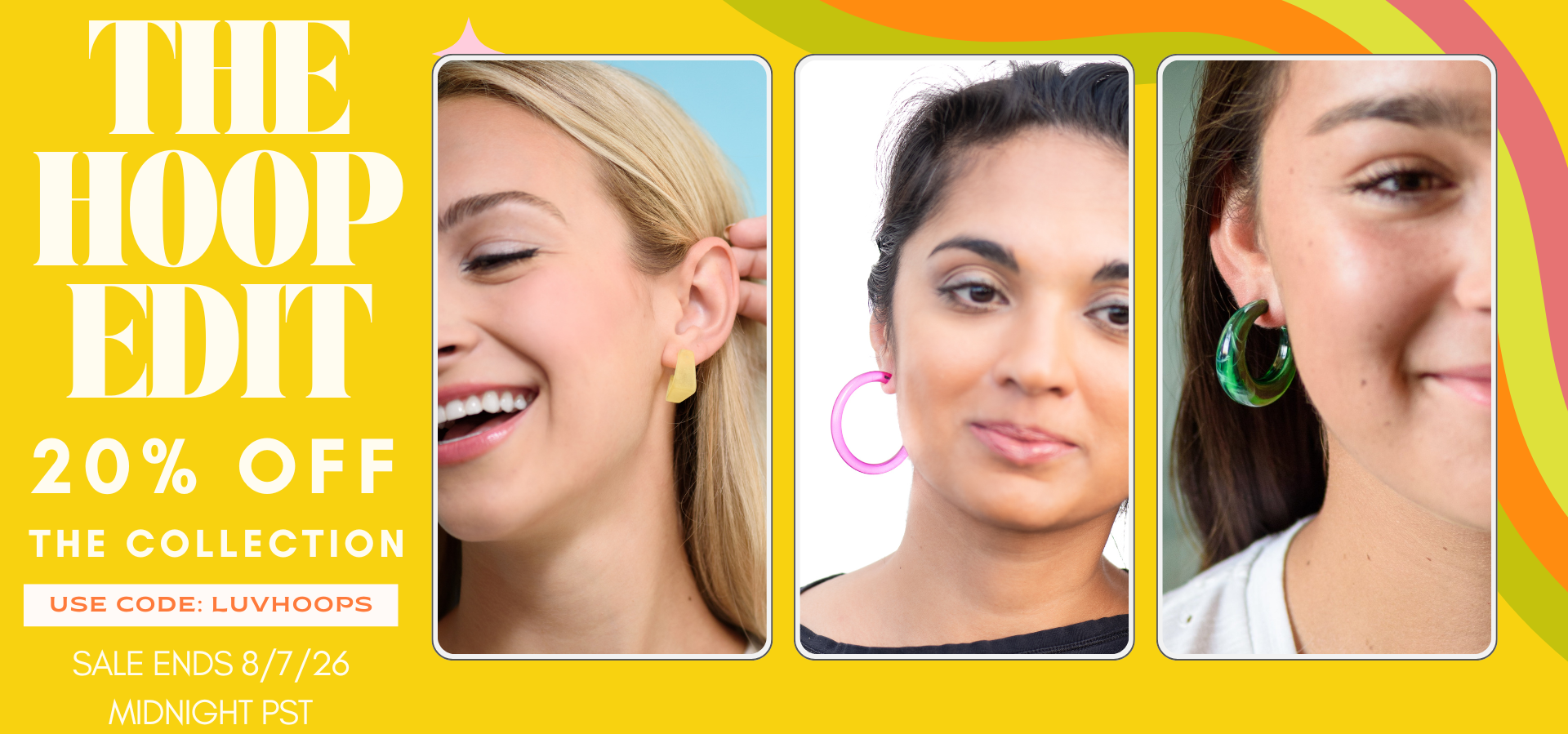 Promotional Text 20% off the hoop edit collection with images of women in hoop earrings