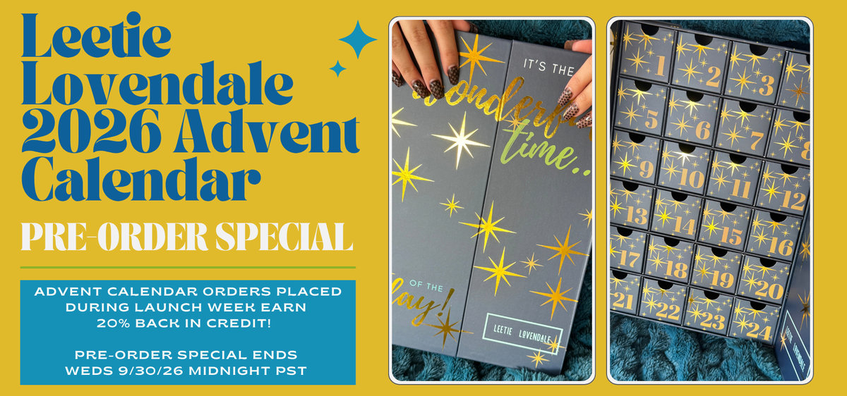 Promotional graphic for the Leetic Lovendale 2026 Advent Calendar, showing a pre-order offer with text on the left, a closed gray calendar with gold star graphics in the center, and an open calendar revealing numbered compartments on the right.