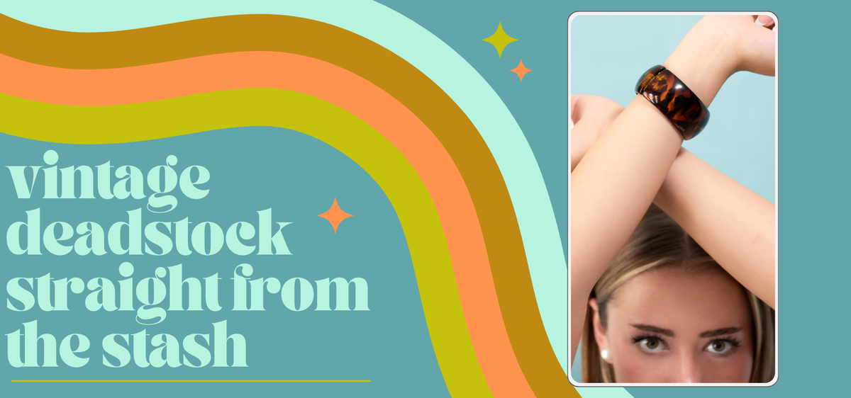 promotional image for vintage deadstock jewelry with woman raising hands with bracelet