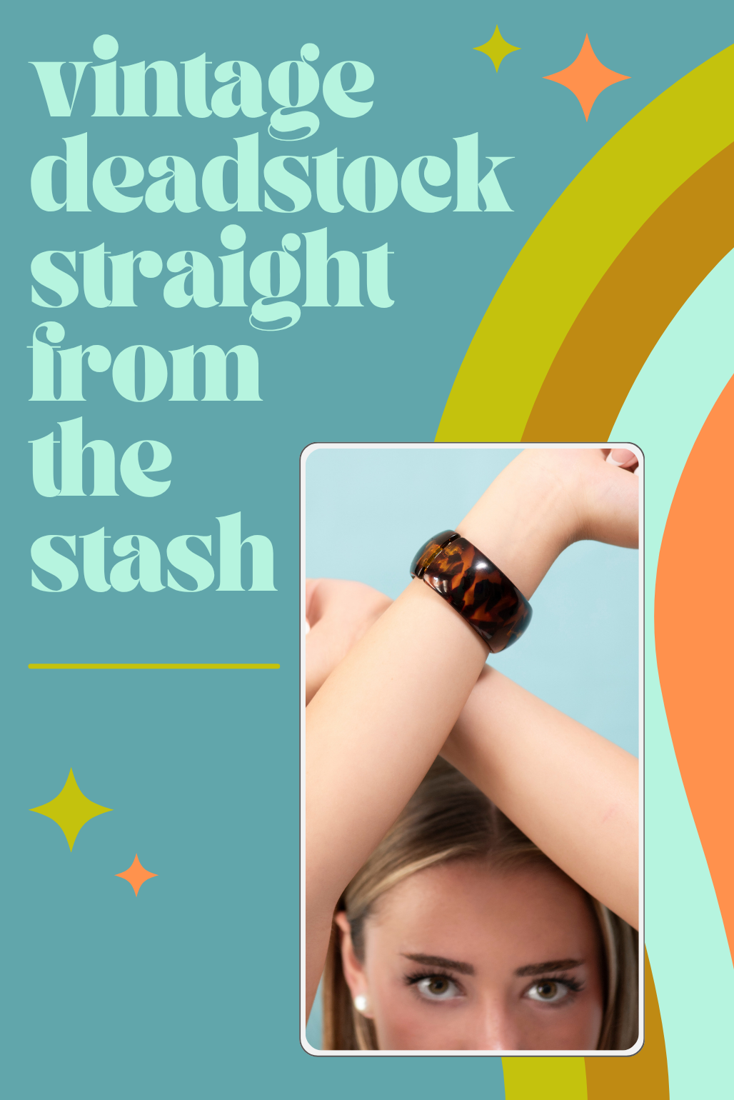 promotional image for vintage deadstock jewelry with woman raising hands with bracelet