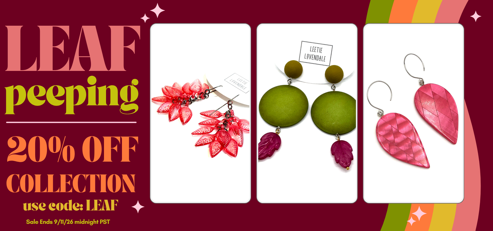 promotional image for leaf peeping 20% off sale with earring photos in fall colors
