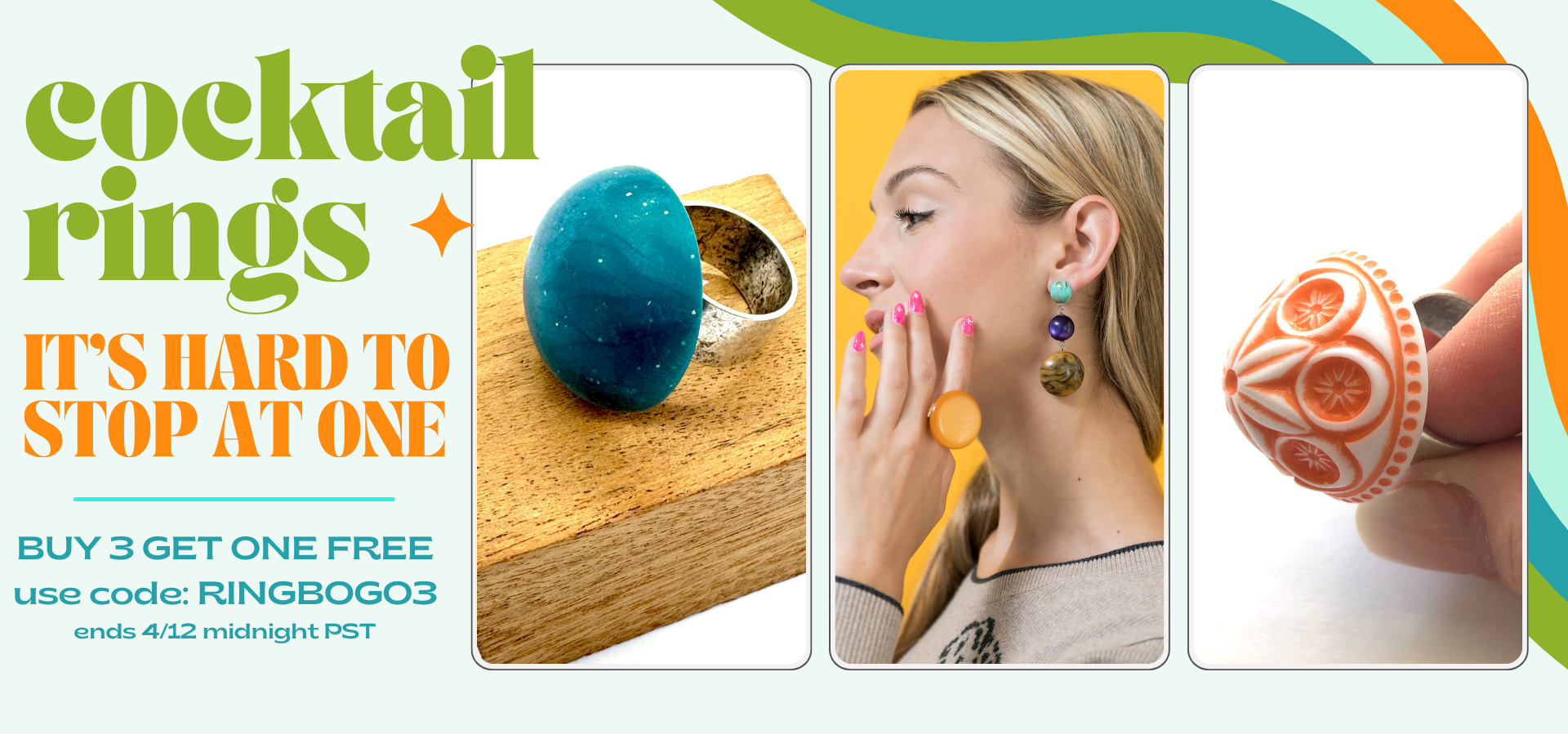 Advertisement for cocktail rings with colorful rings and a woman wearing one, featuring text and a code.