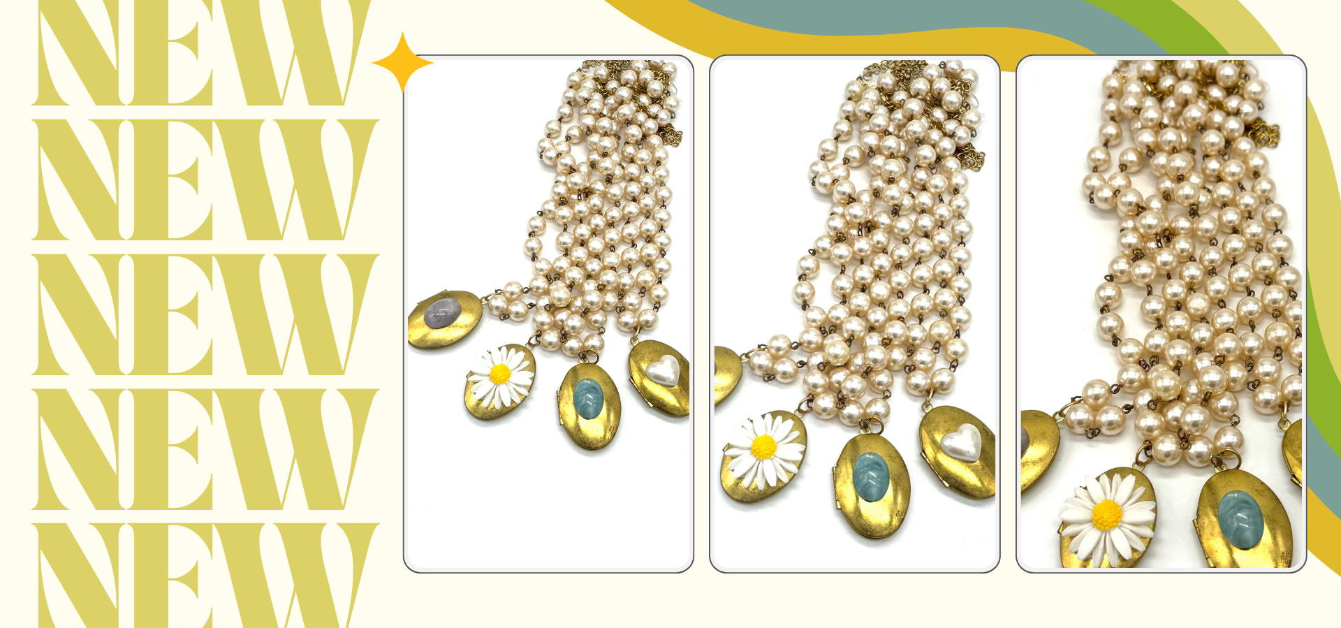 Pearl necklace with gold accents and flowers on a white background with 'NEW' text.