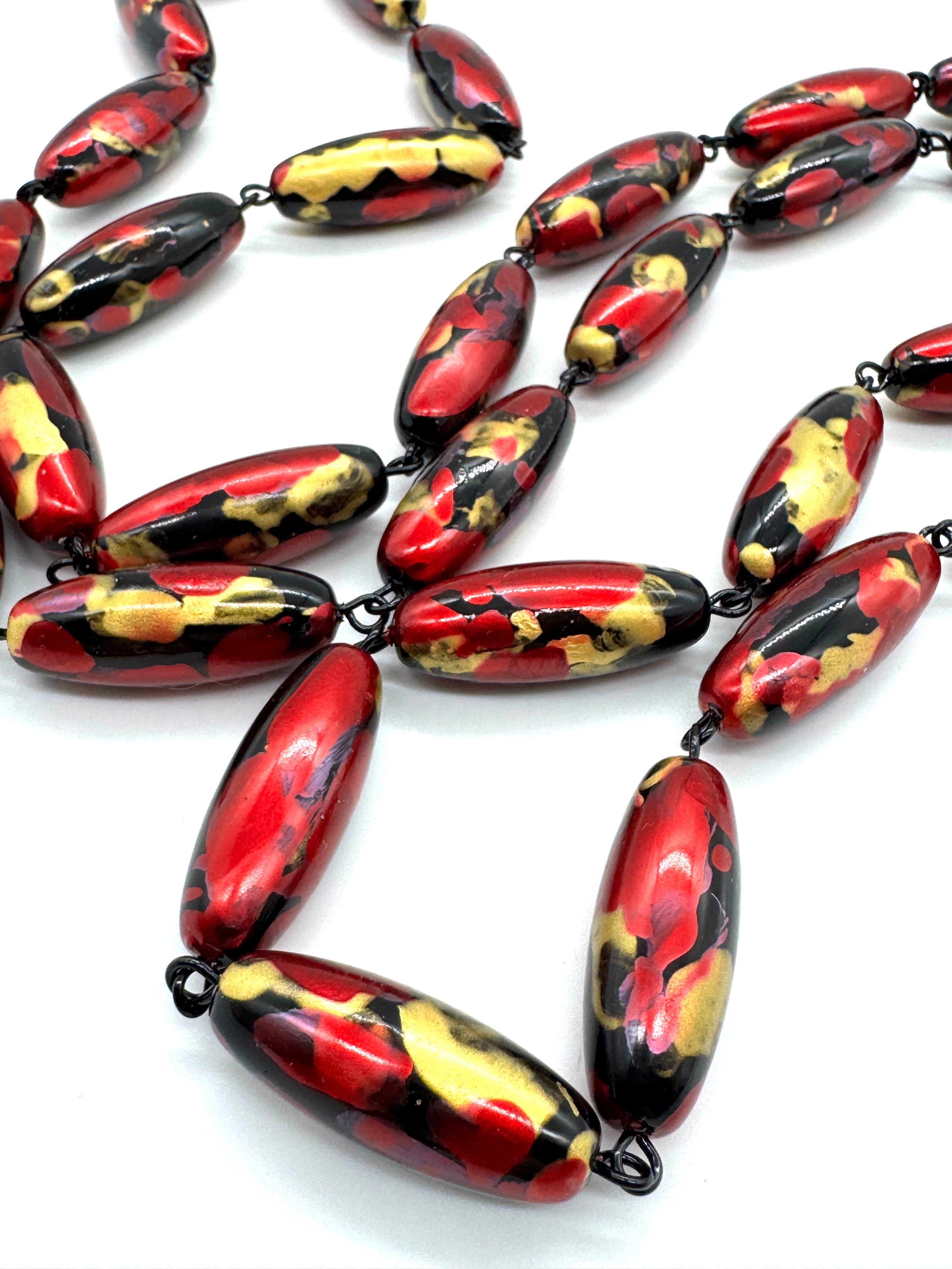 Cherry Red & Gold Oval Painter Opera Necklace