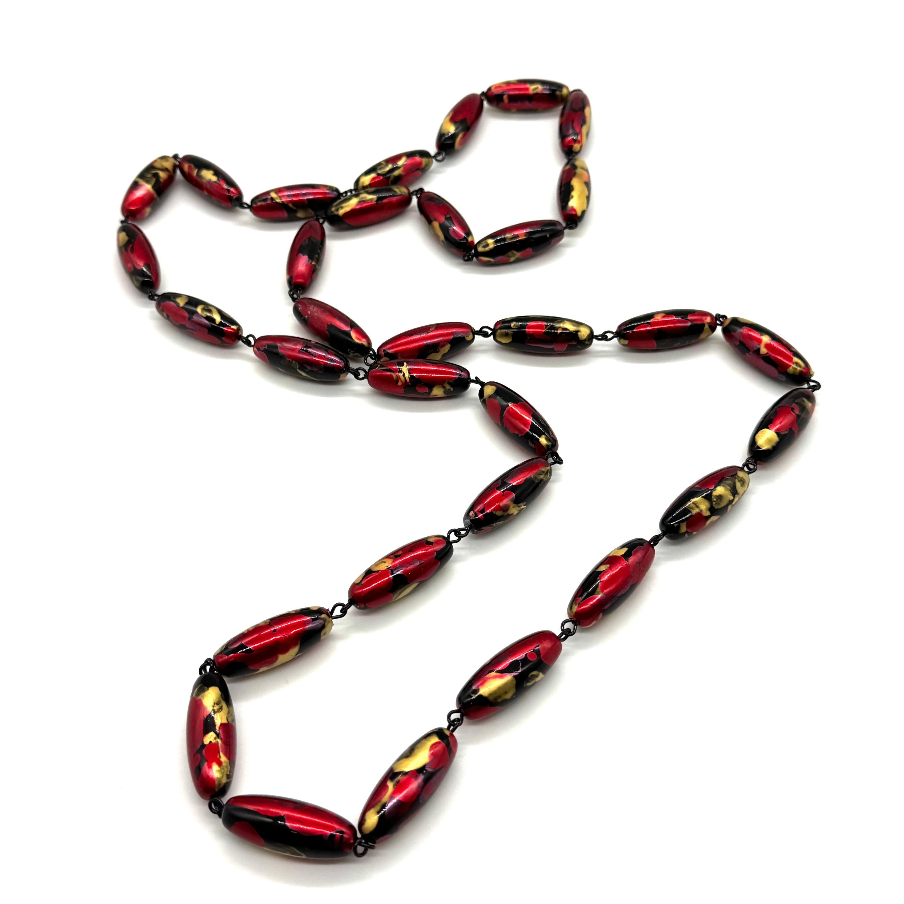 Cherry Red & Gold Oval Painter Opera Necklace
