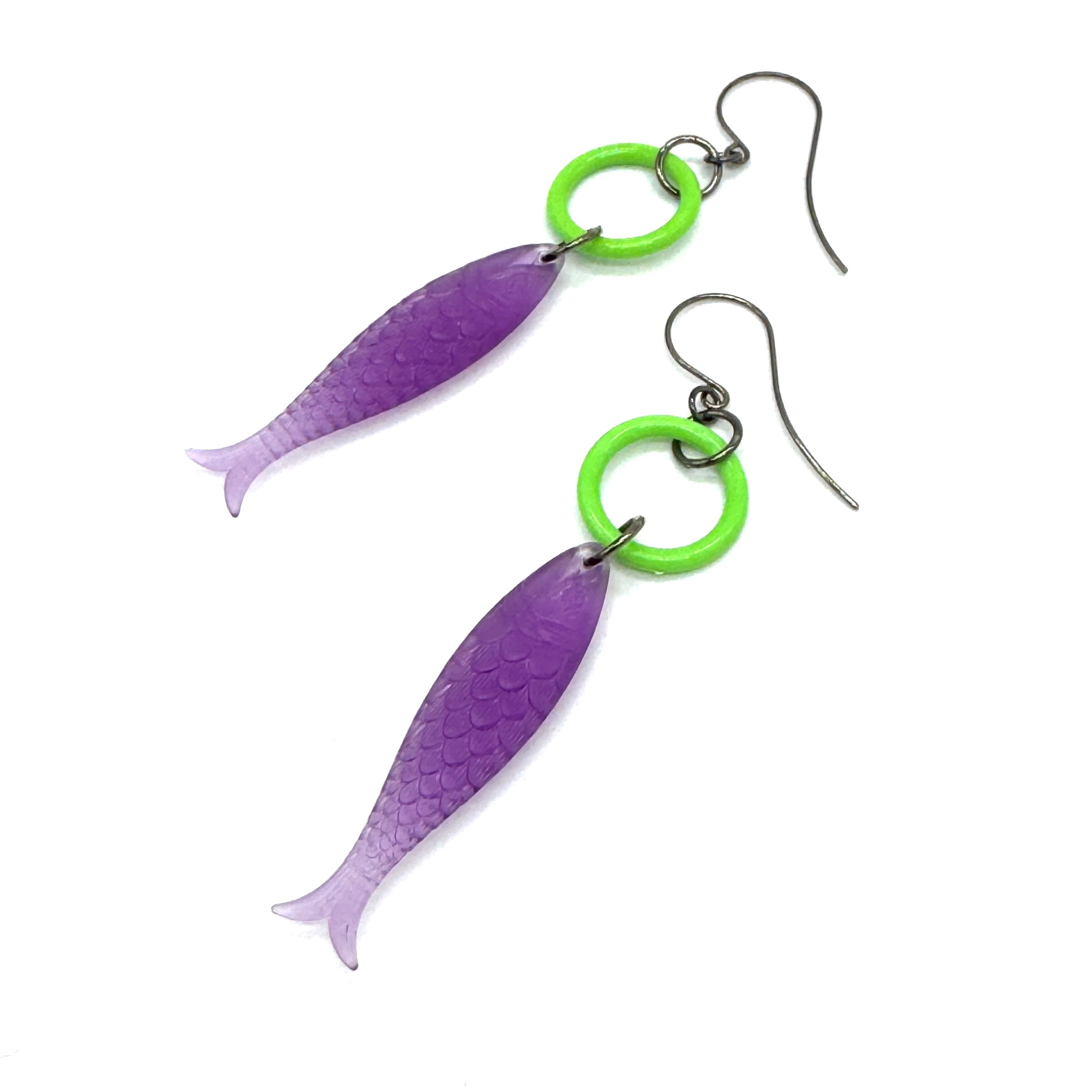 Frosted Purple & Green Fish A Lure-ing Earrings