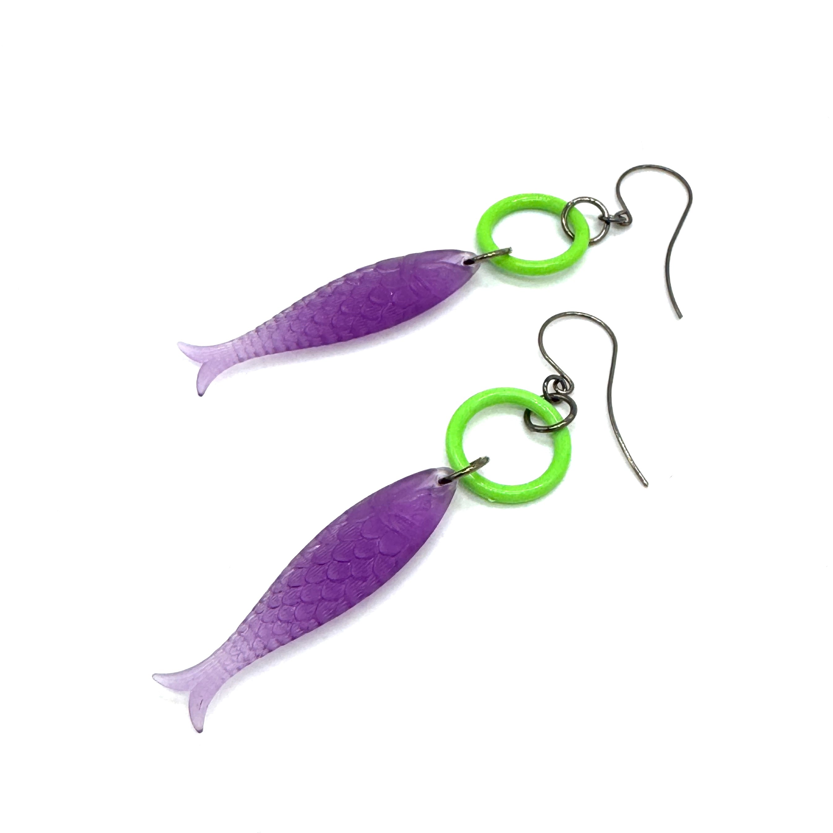 Frosted Purple & Green Fish A Lure-ing Earrings