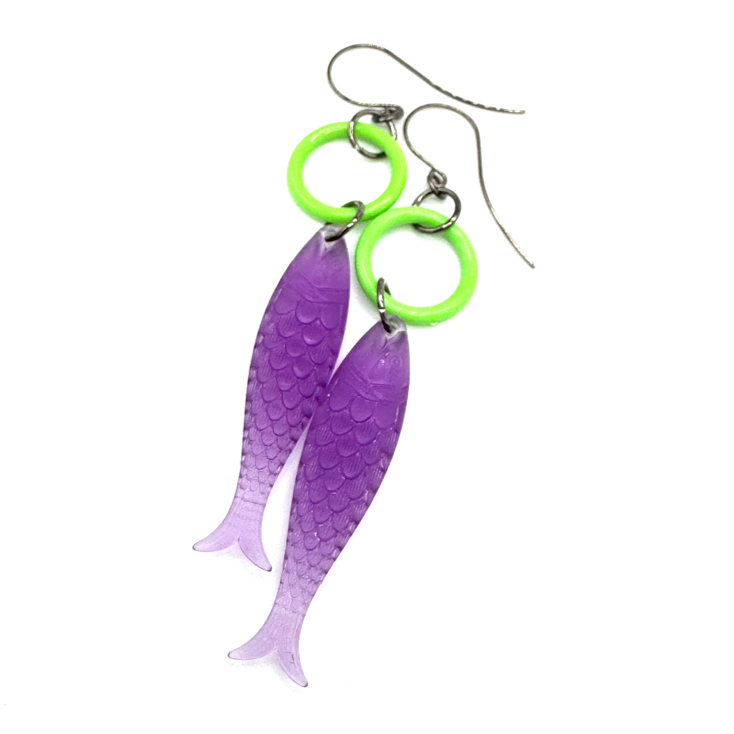 Frosted Purple & Green Fish A Lure-ing Earrings