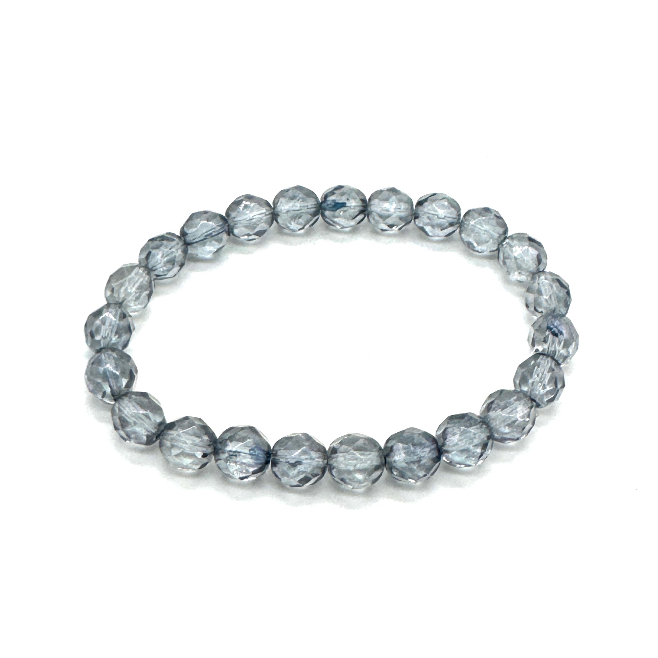 Beaded bracelet with gray marbled pattern on a white background