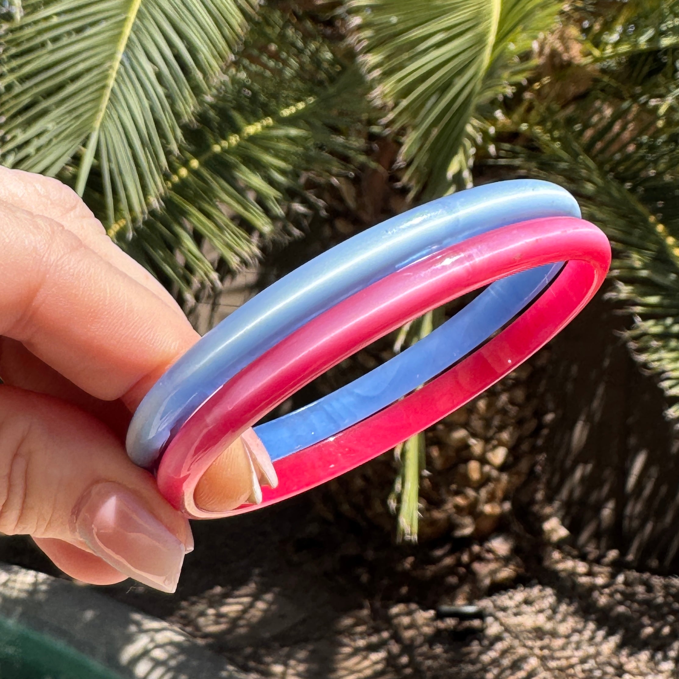 Blue & Hot Pink Moonglow Stripe Lucite Best Bangle Thin SET - RARE 8"