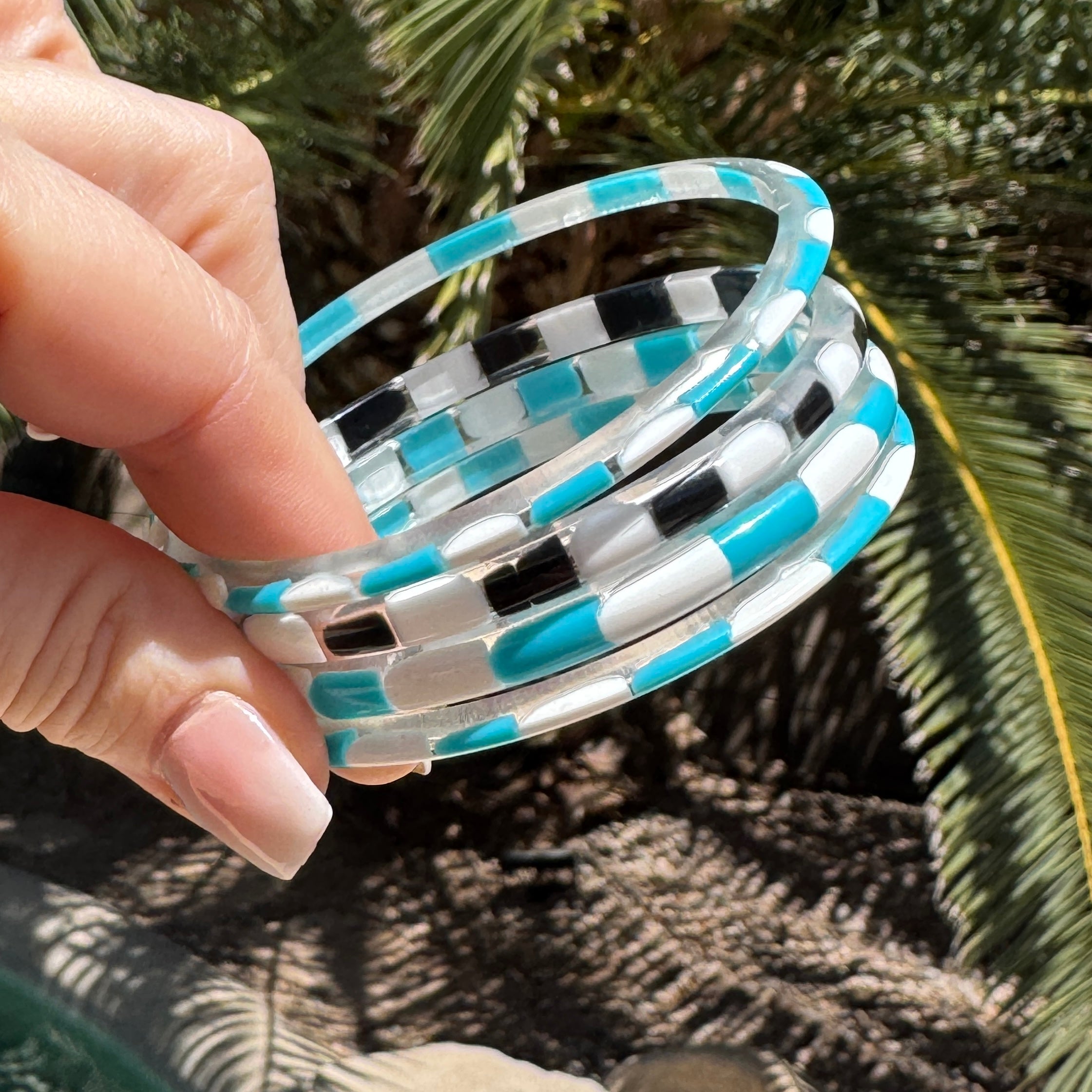 ColorBlock Aqua Black and White Best Bangle Thin SET - RARE 8"