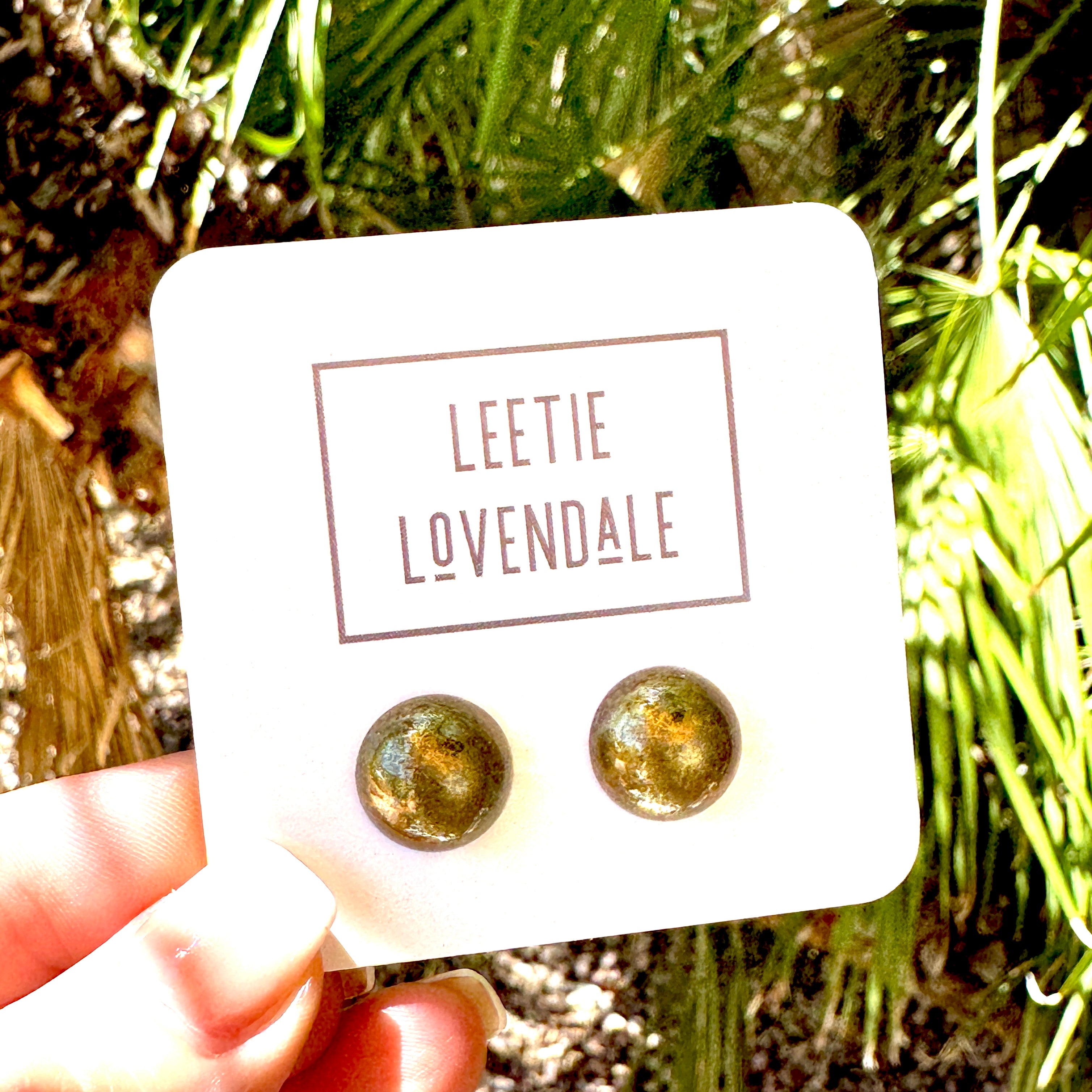 Olive Green Gold Mercury Retro Button Stud Earrings