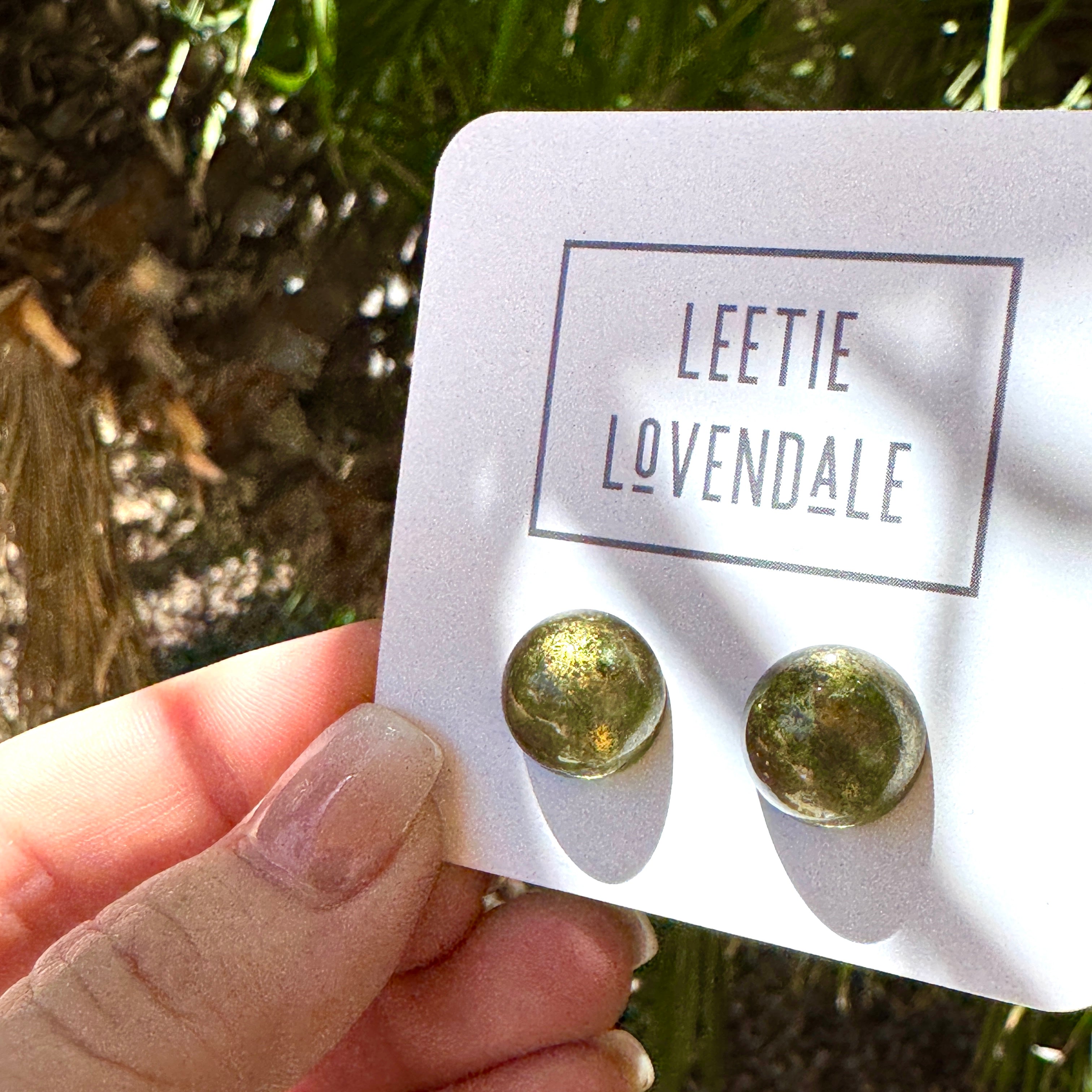 Olive Green Gold Mercury Retro Button Stud Earrings