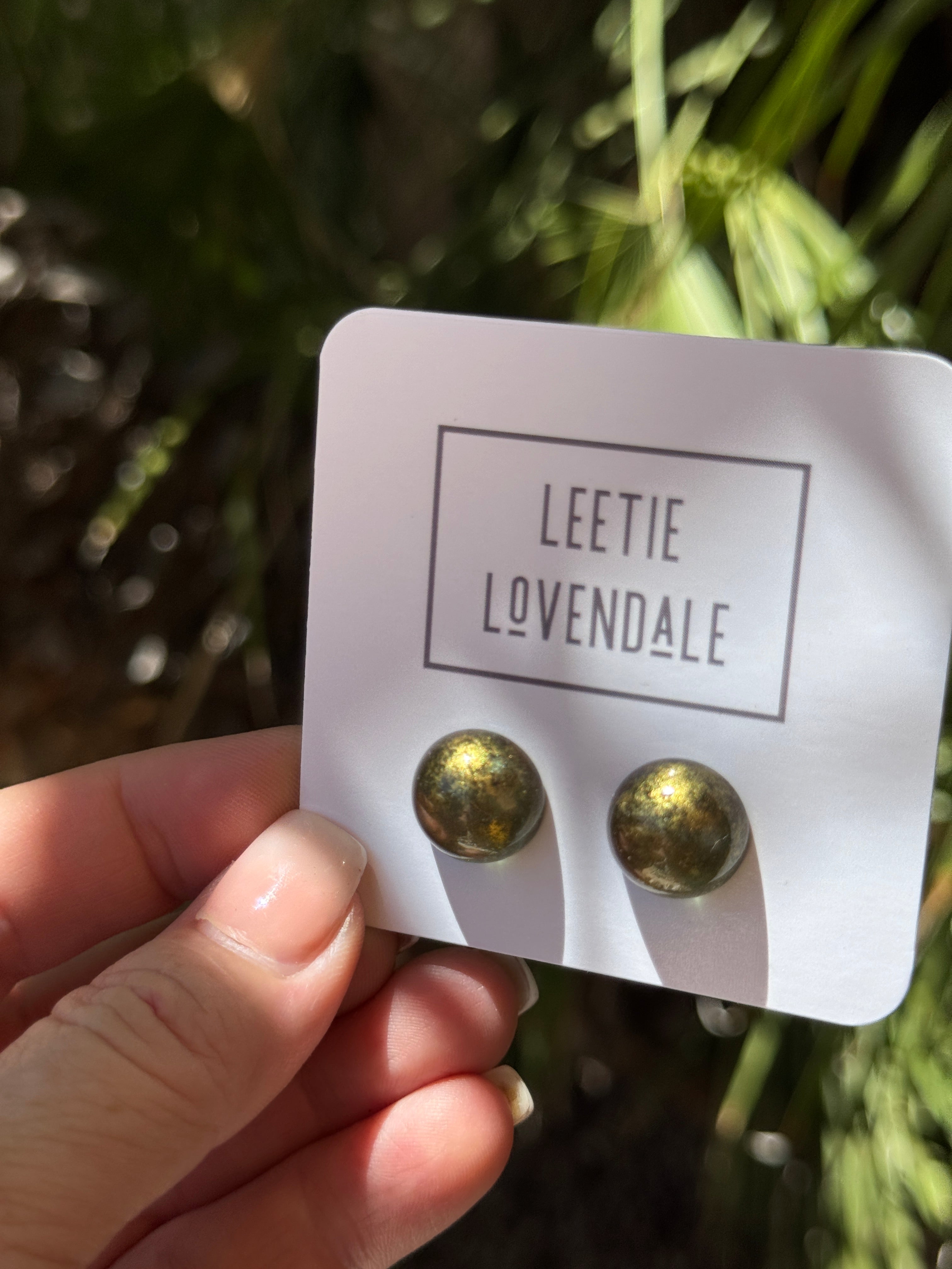 Olive Green Gold Mercury Retro Button Stud Earrings