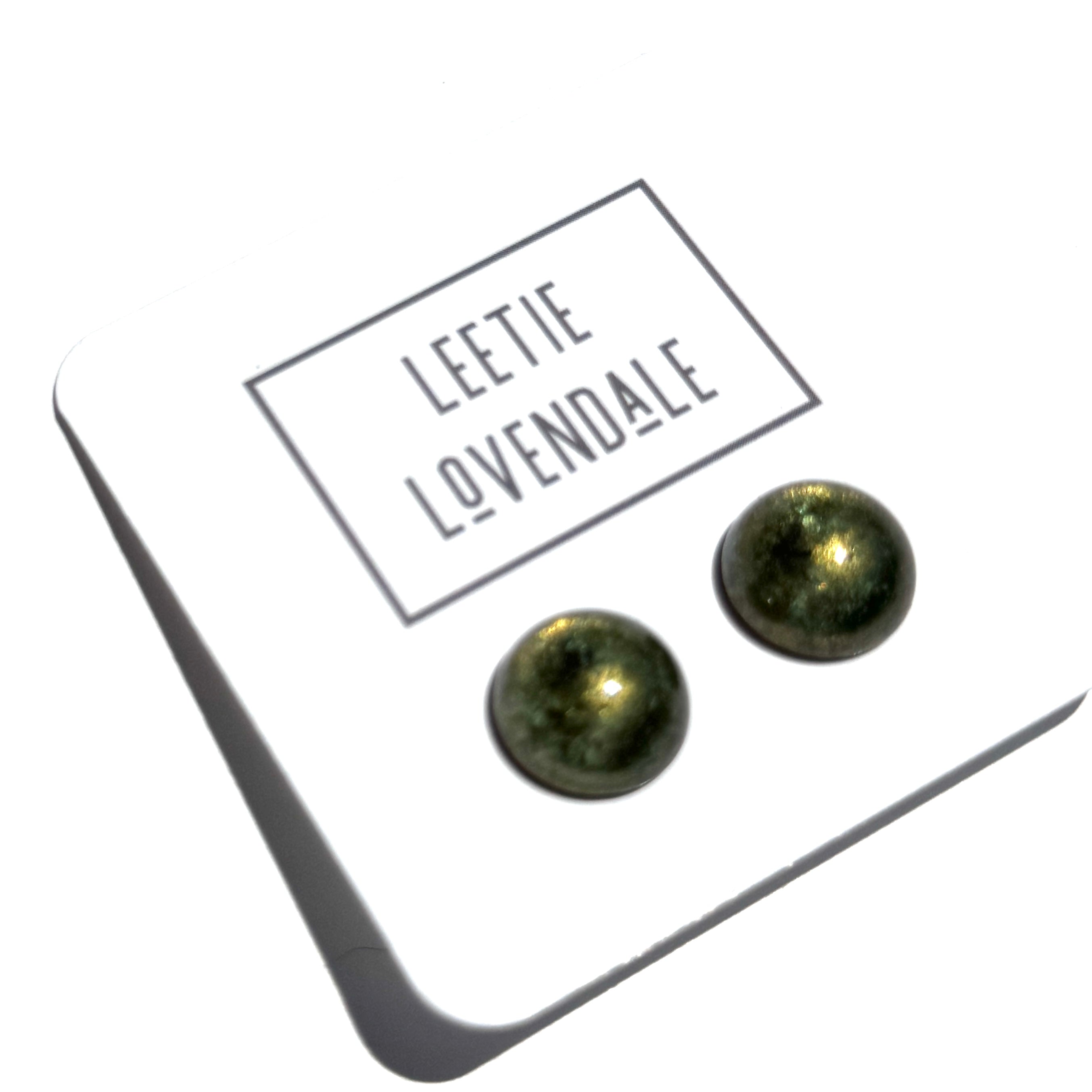 Olive Green Gold Mercury Retro Button Stud Earrings