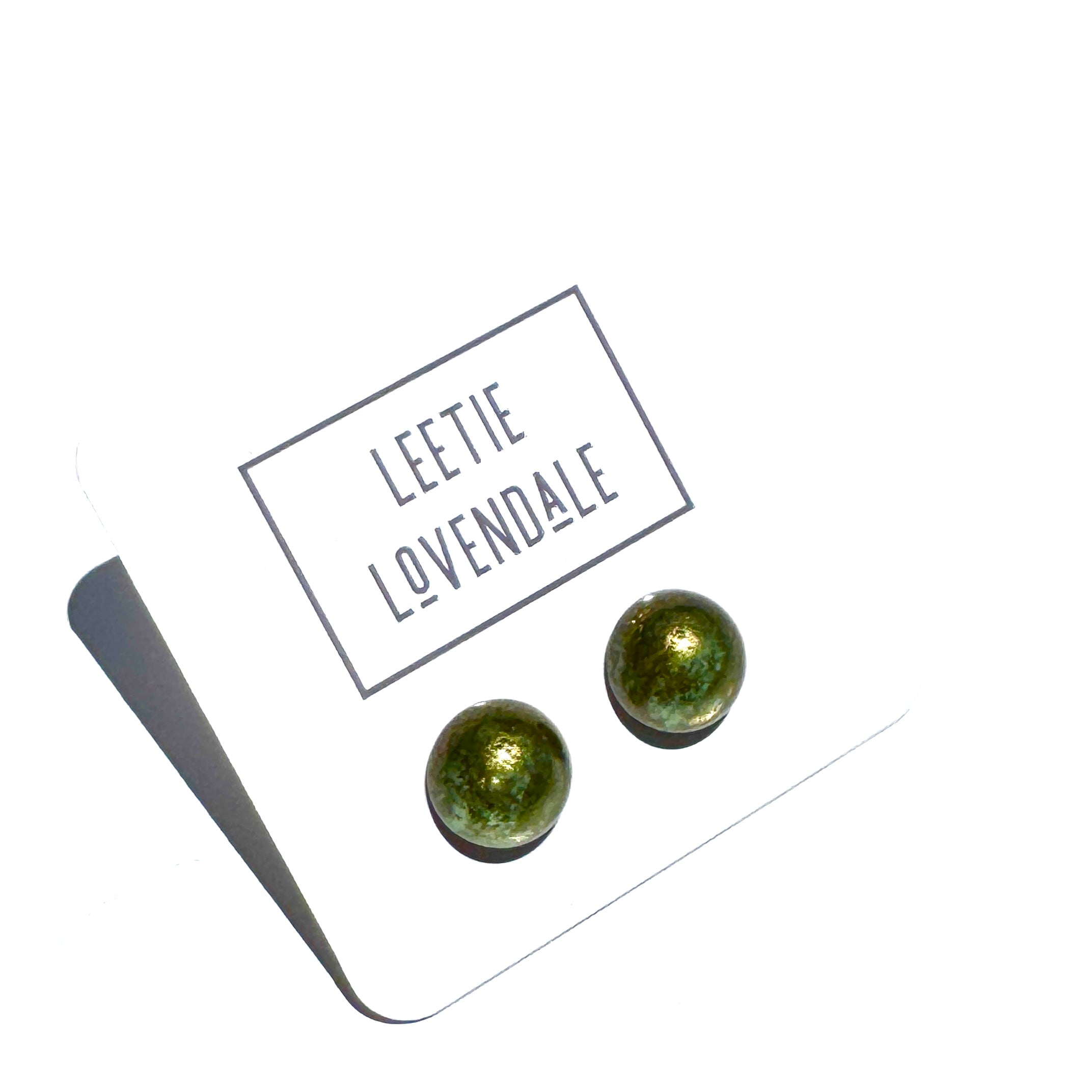 Olive Green Gold Mercury Retro Button Stud Earrings