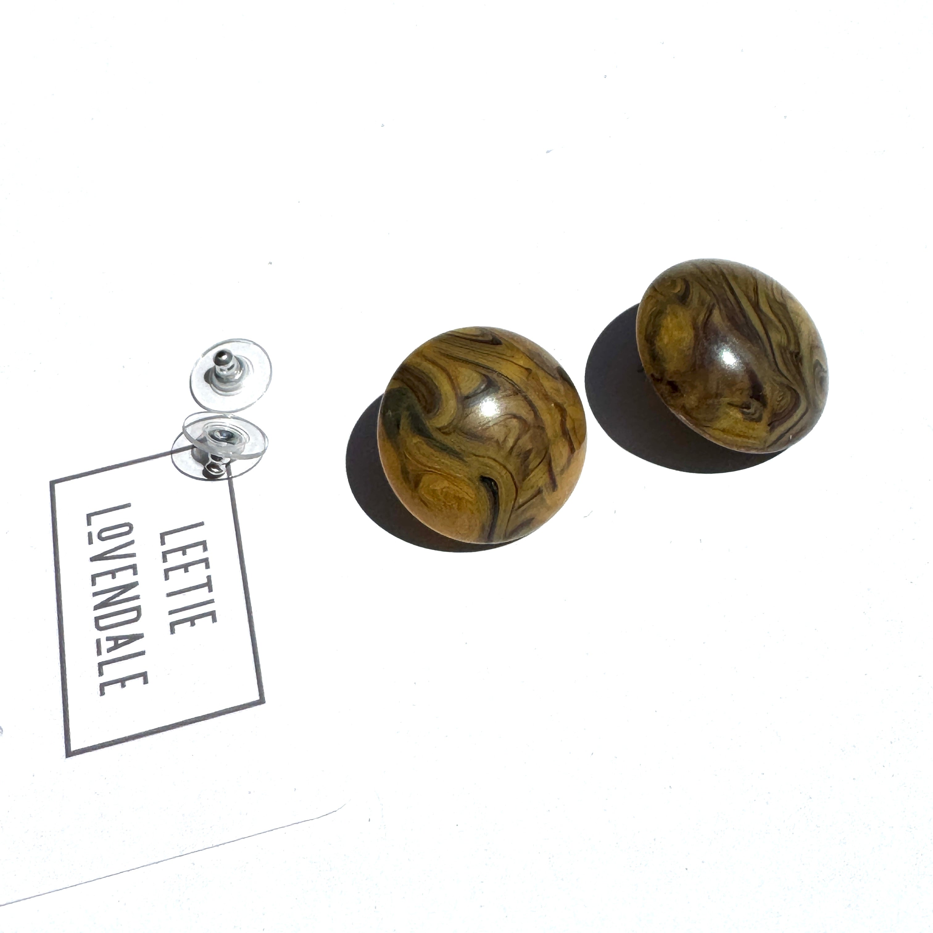 Deep Mustard Marbled Retro Button Stud Earrings