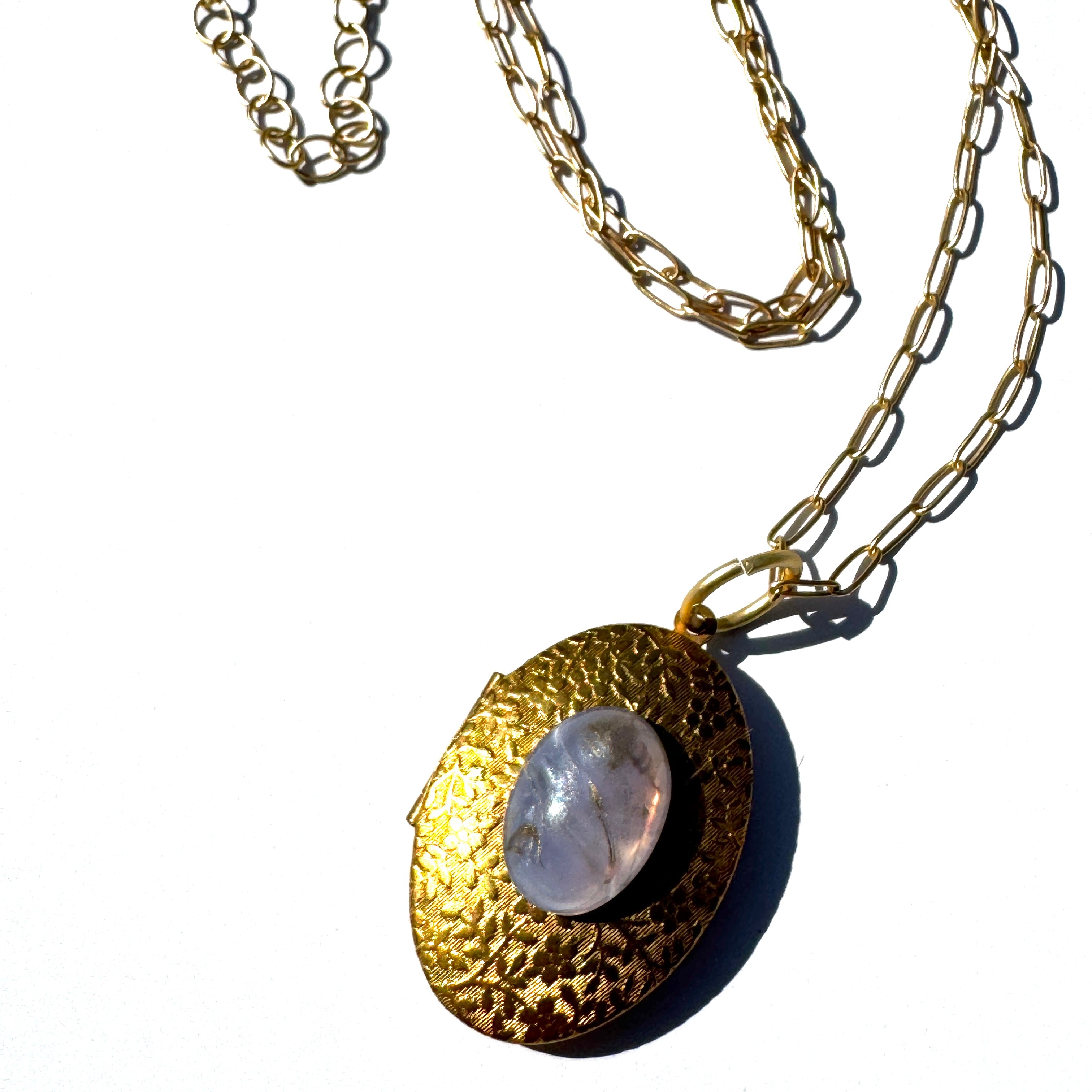 Lavender & Leaf Intaglio Locket Necklace - Long