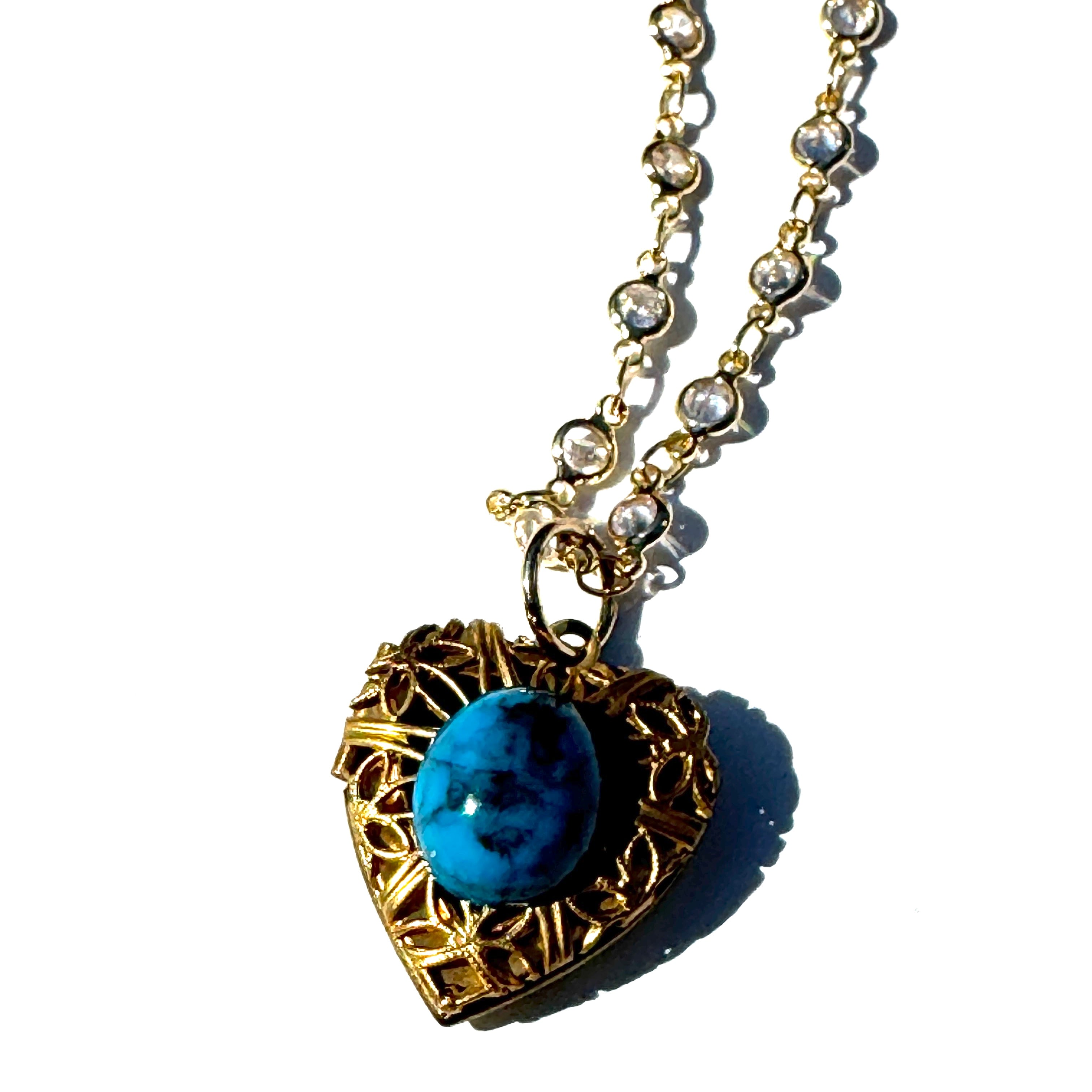 Turquoise Resin & Filigree Heart Locket Necklace - Shortie