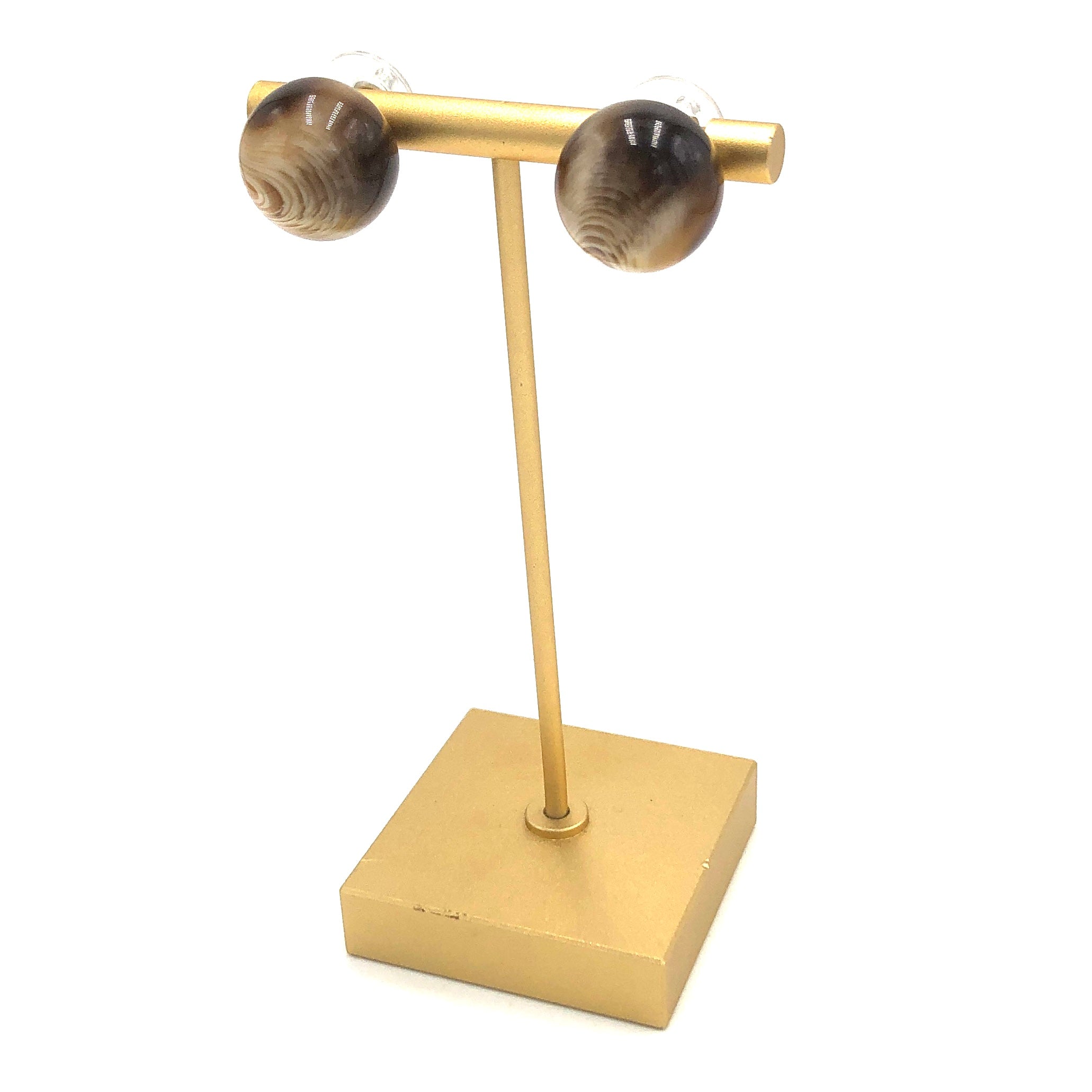 Brown Marbled Agate Retro Button Stud Earrings